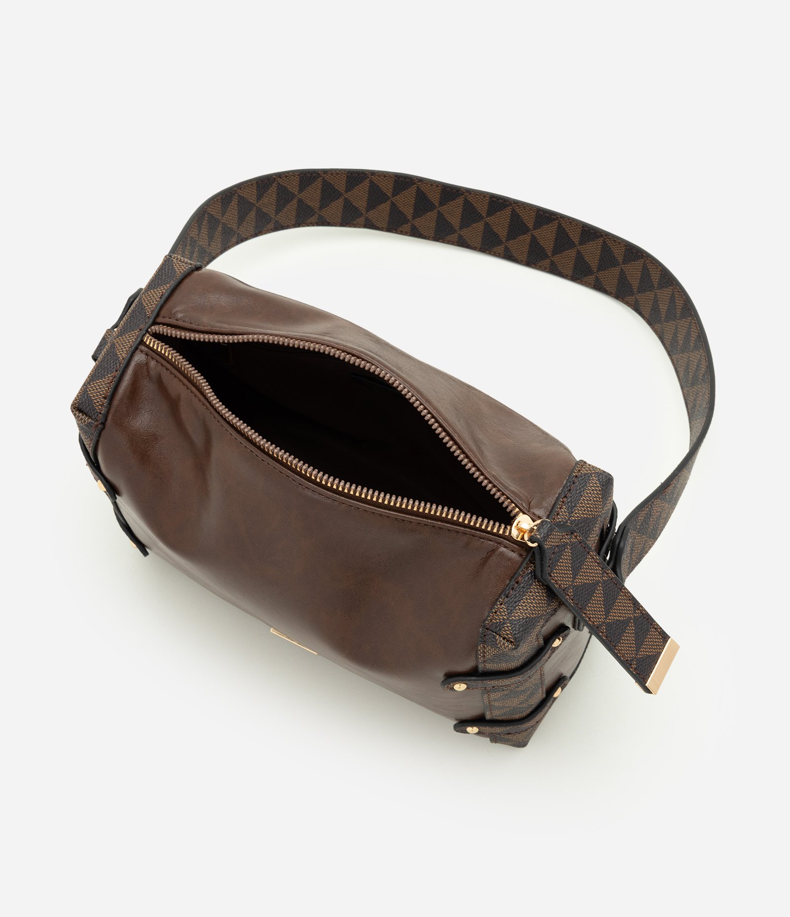 Bolsa Shoulder Média em PU com Detalhes Estampados Marrom 8