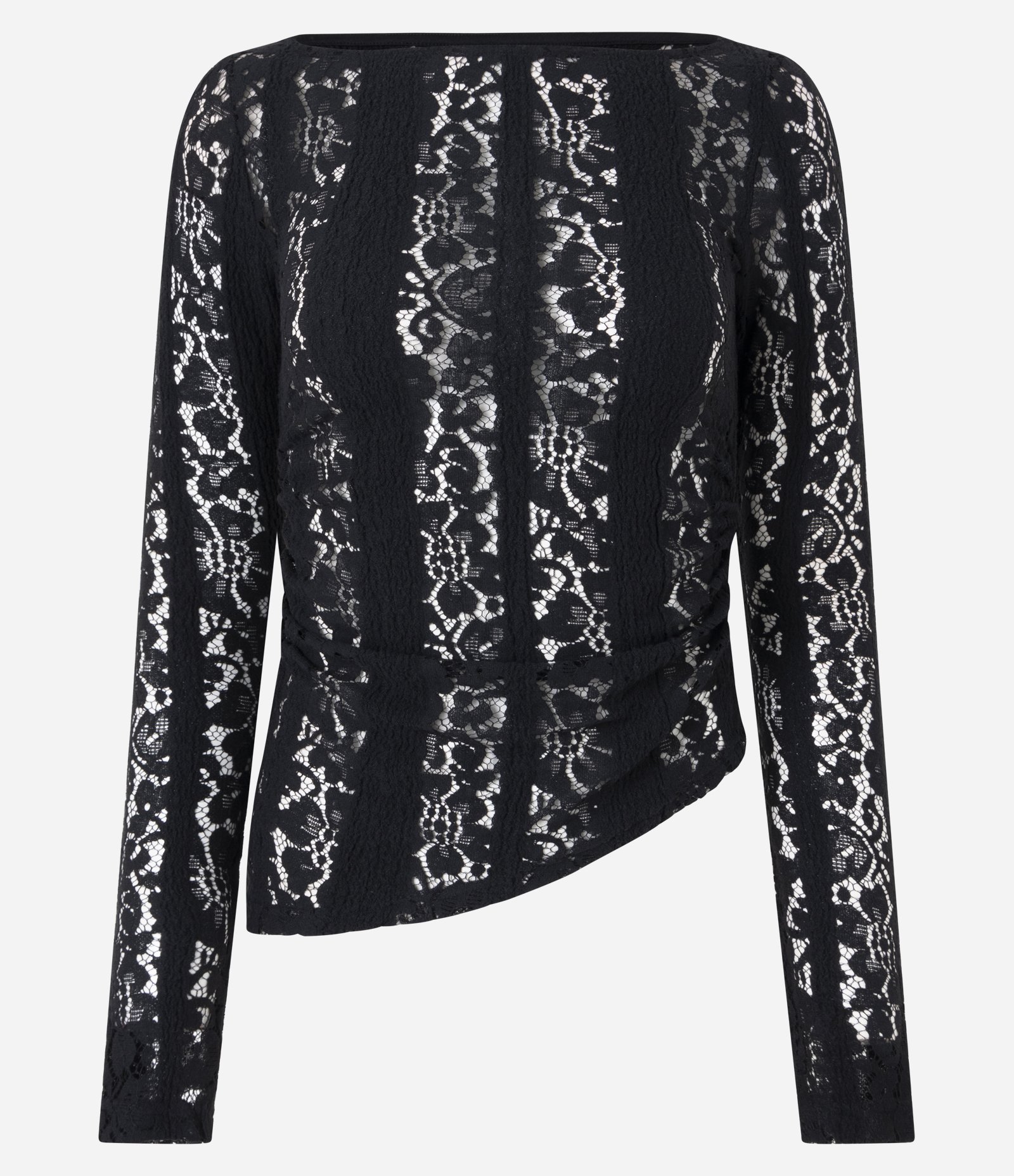 Blusa Assimétrica Manga Longa em Renda com Franzido Lateral Preto 1