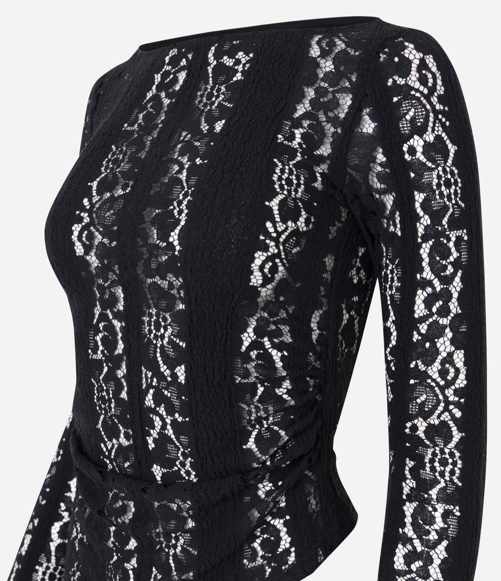 Blusa Assimétrica Manga Longa em Renda com Franzido Lateral Preto 2