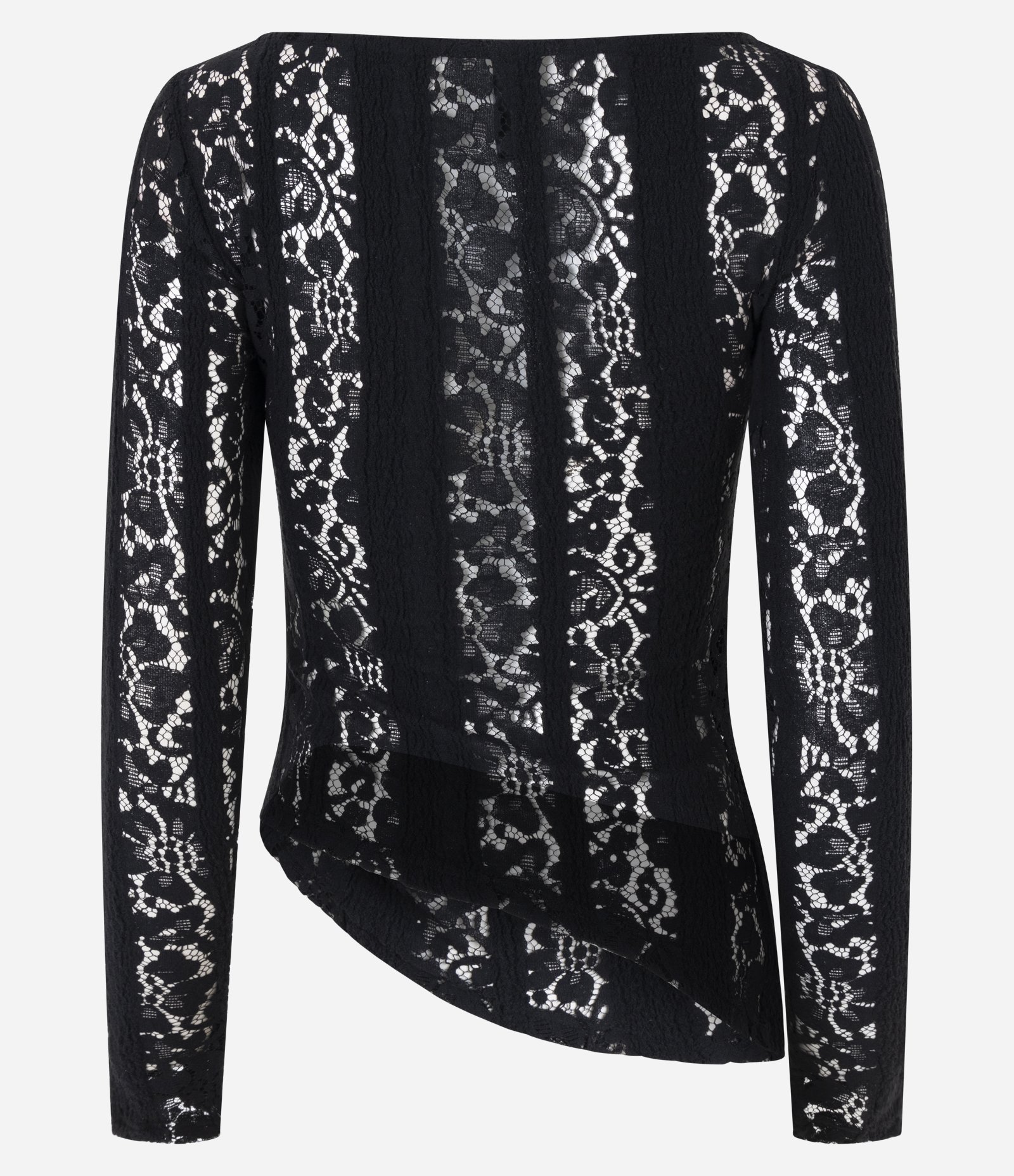 Blusa Assimétrica Manga Longa em Renda com Franzido Lateral Preto 3