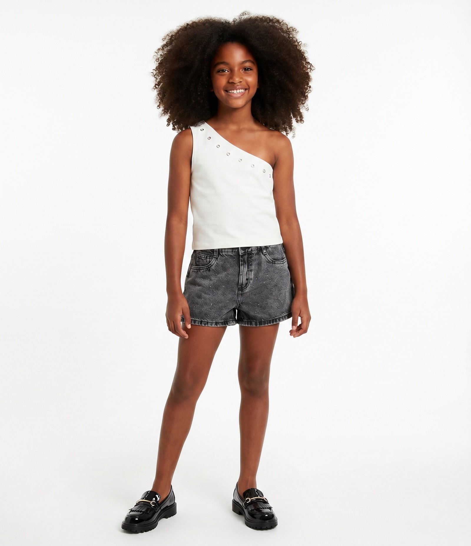 Blusa Infantil Um Ombro com Ilhoses – Tam 5 a 14 Anos Off White 1