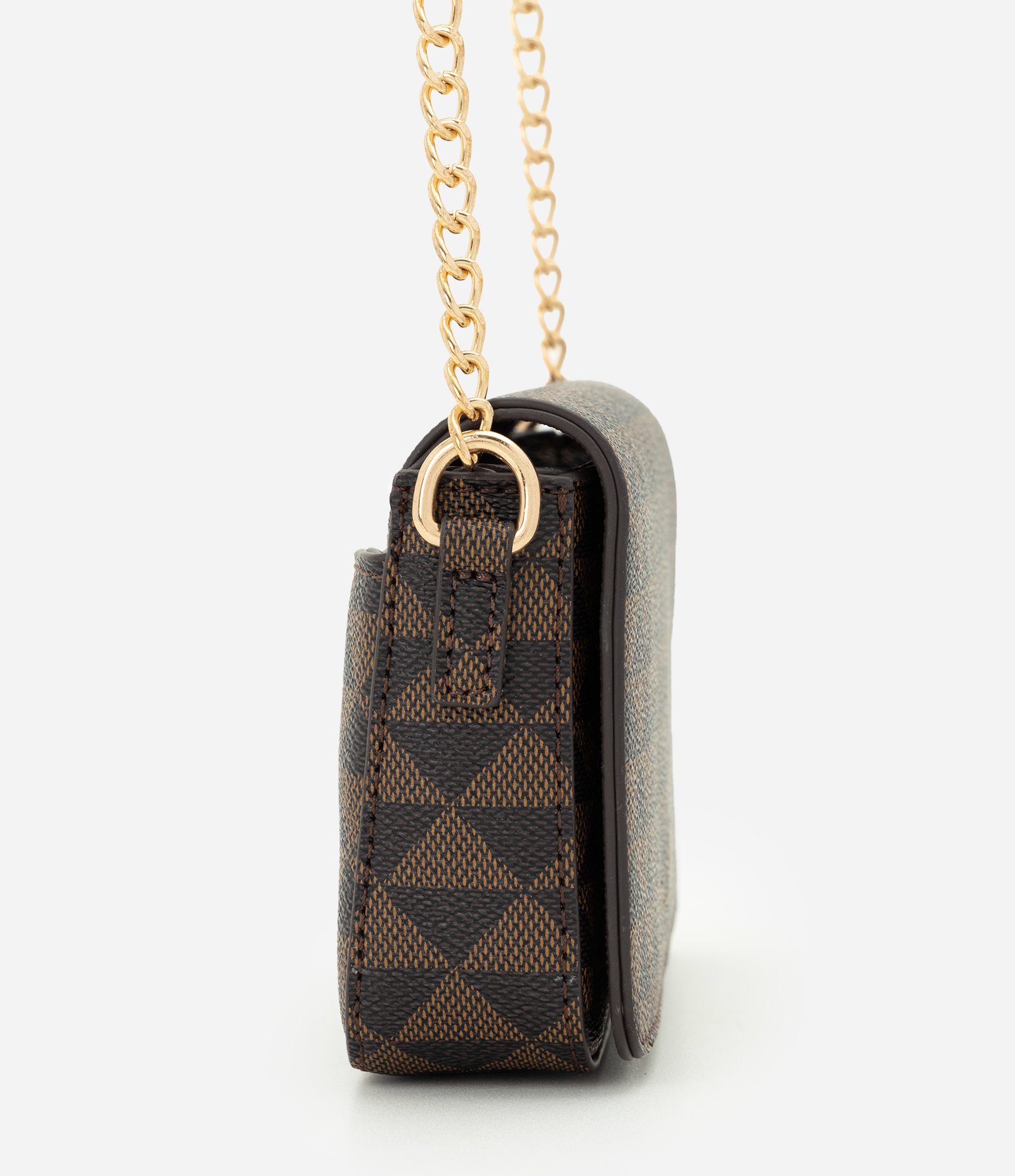 Bolsa Transversal Pequena em PU com Estampa Triângulos Marrom 2