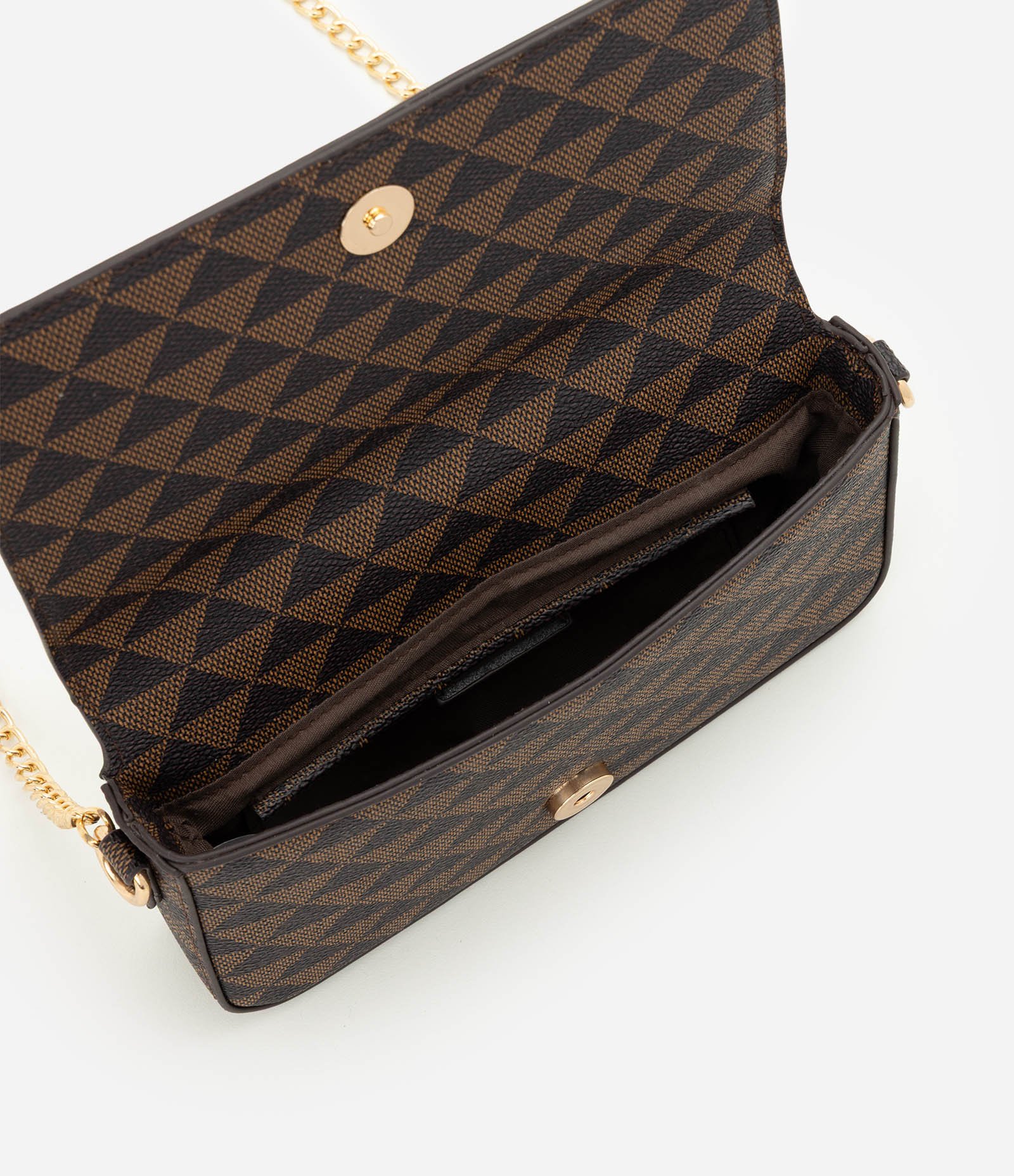 Bolsa Transversal Pequena em PU com Estampa Triângulos Marrom 6