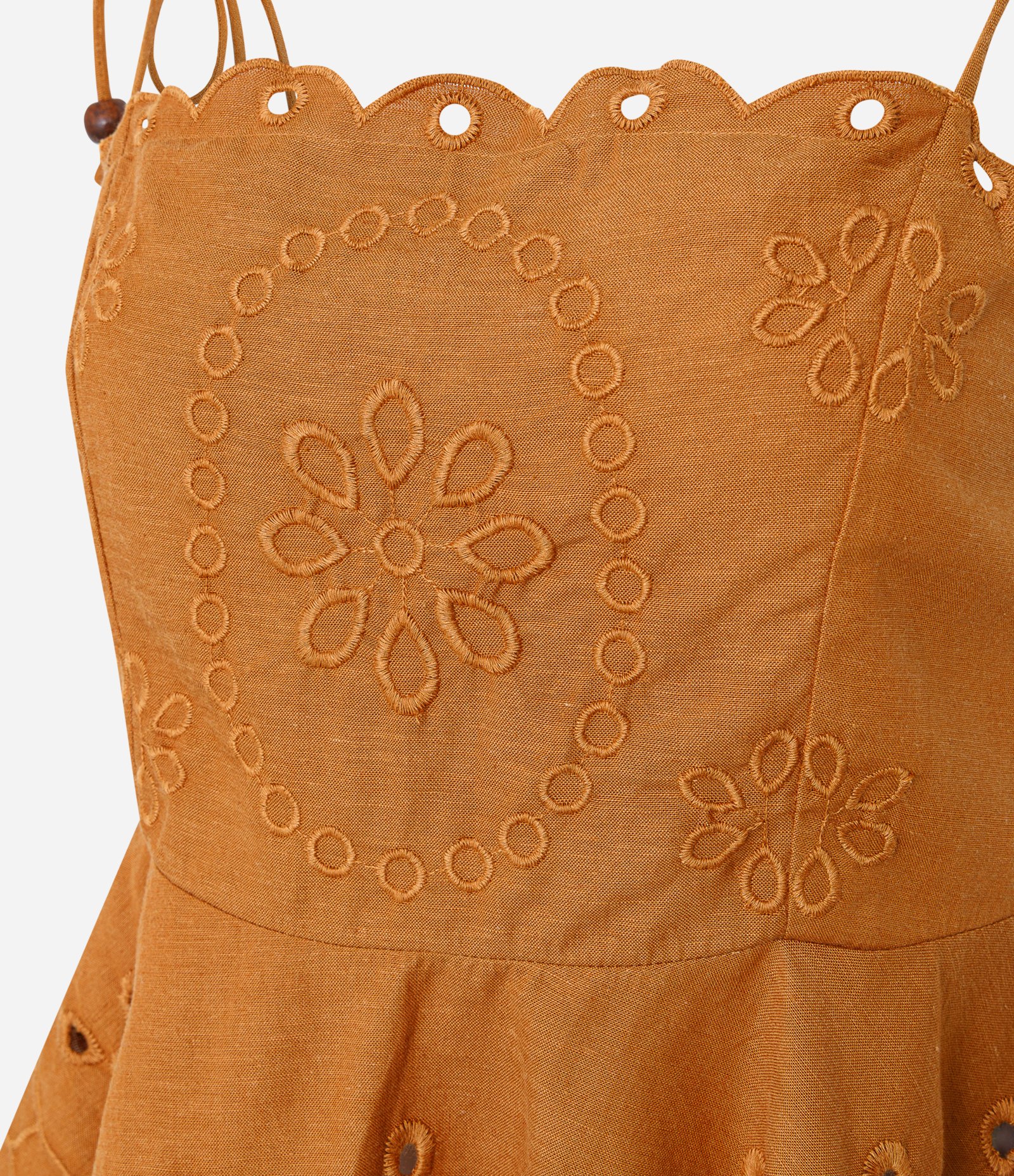 Blusa em Laise com Alças para Amarração e Bordado Vazado Mostarda 6