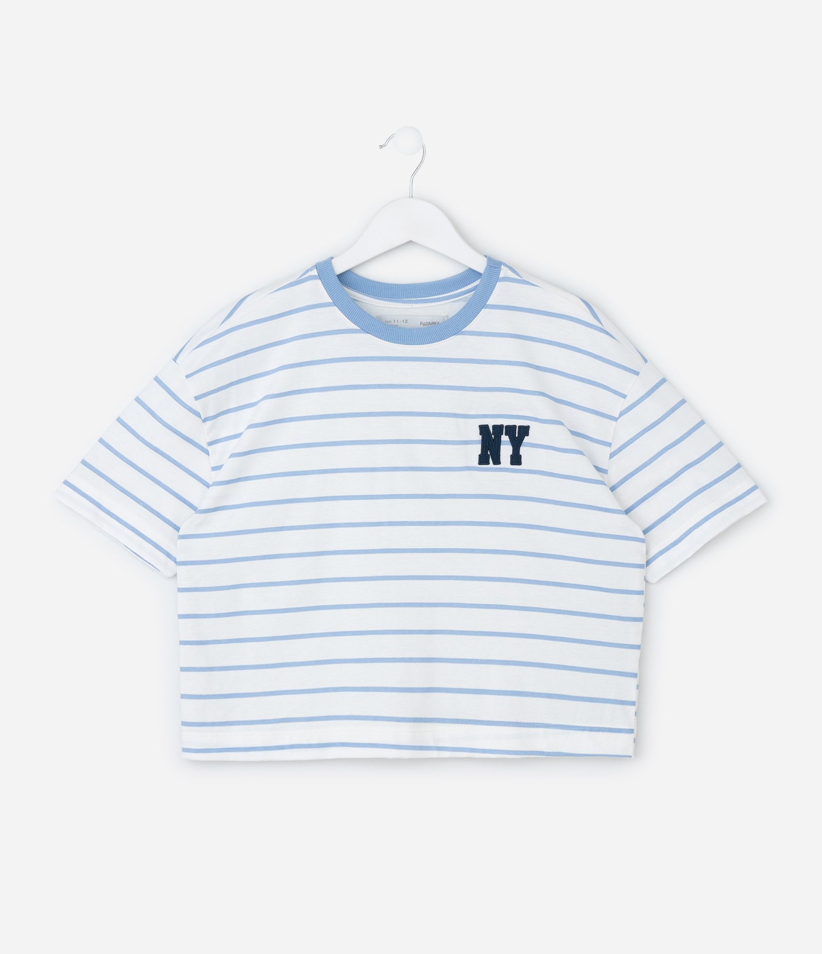 Camiseta Infantil Boxy Listrada com Bordado – Tam 7 a 16 Anos Branco/Azul 2