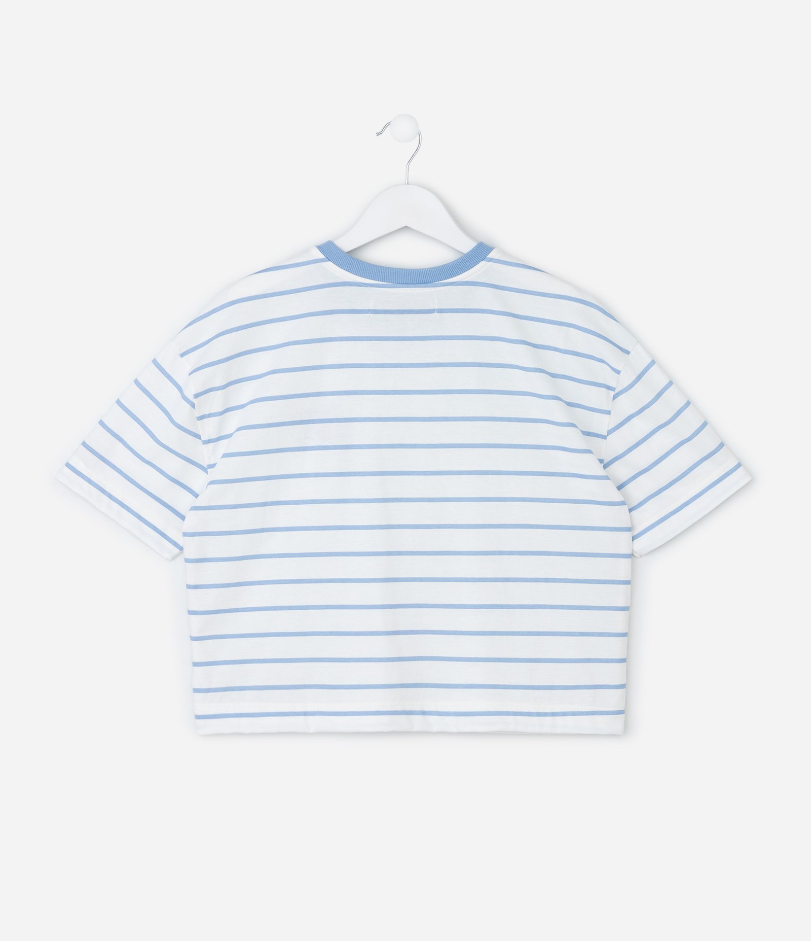 Camiseta Infantil Boxy Listrada com Bordado – Tam 7 a 16 Anos Branco/Azul 3