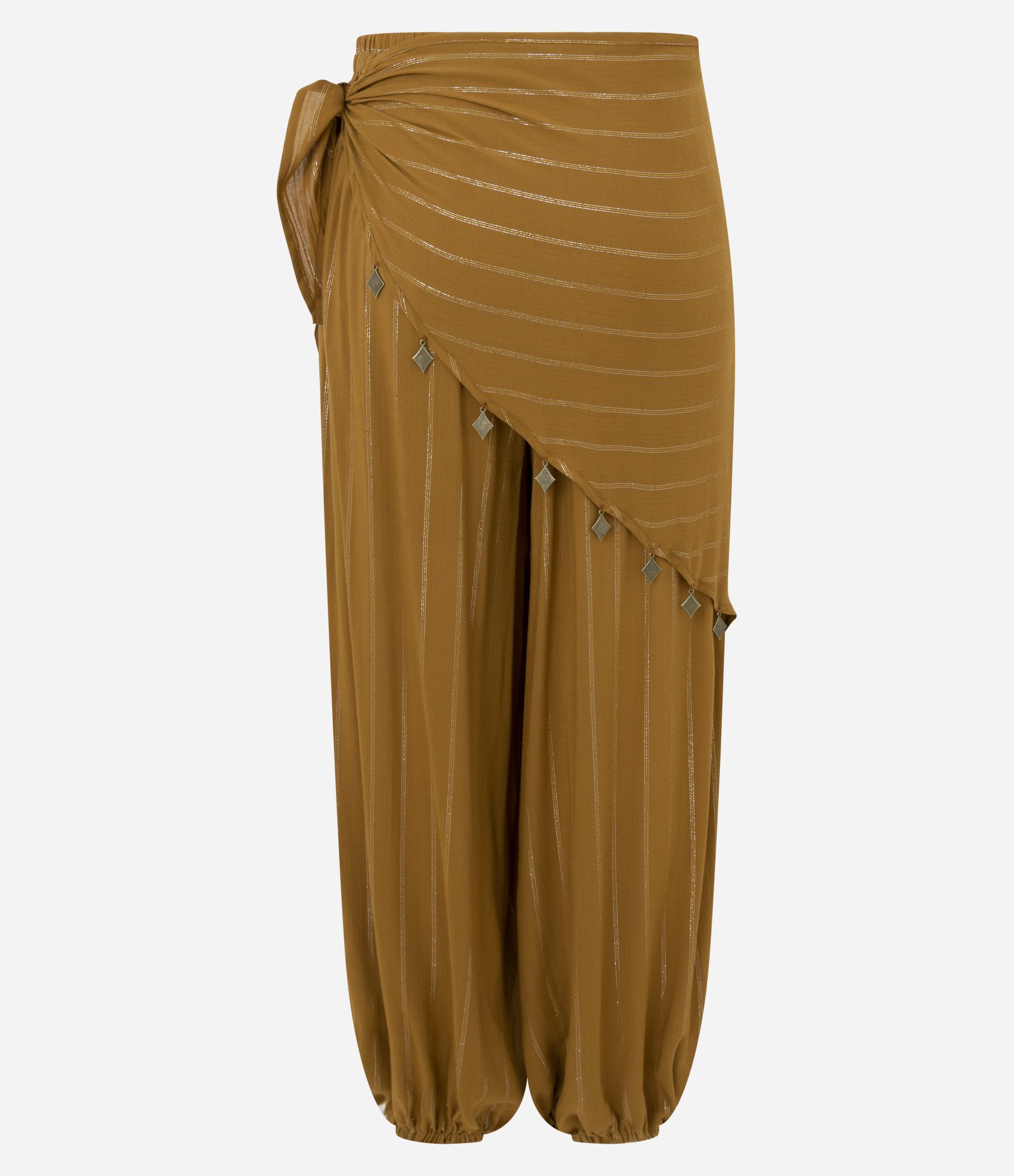 Calça Aladim Estampada com Lenço Sobreposto Marrom 8