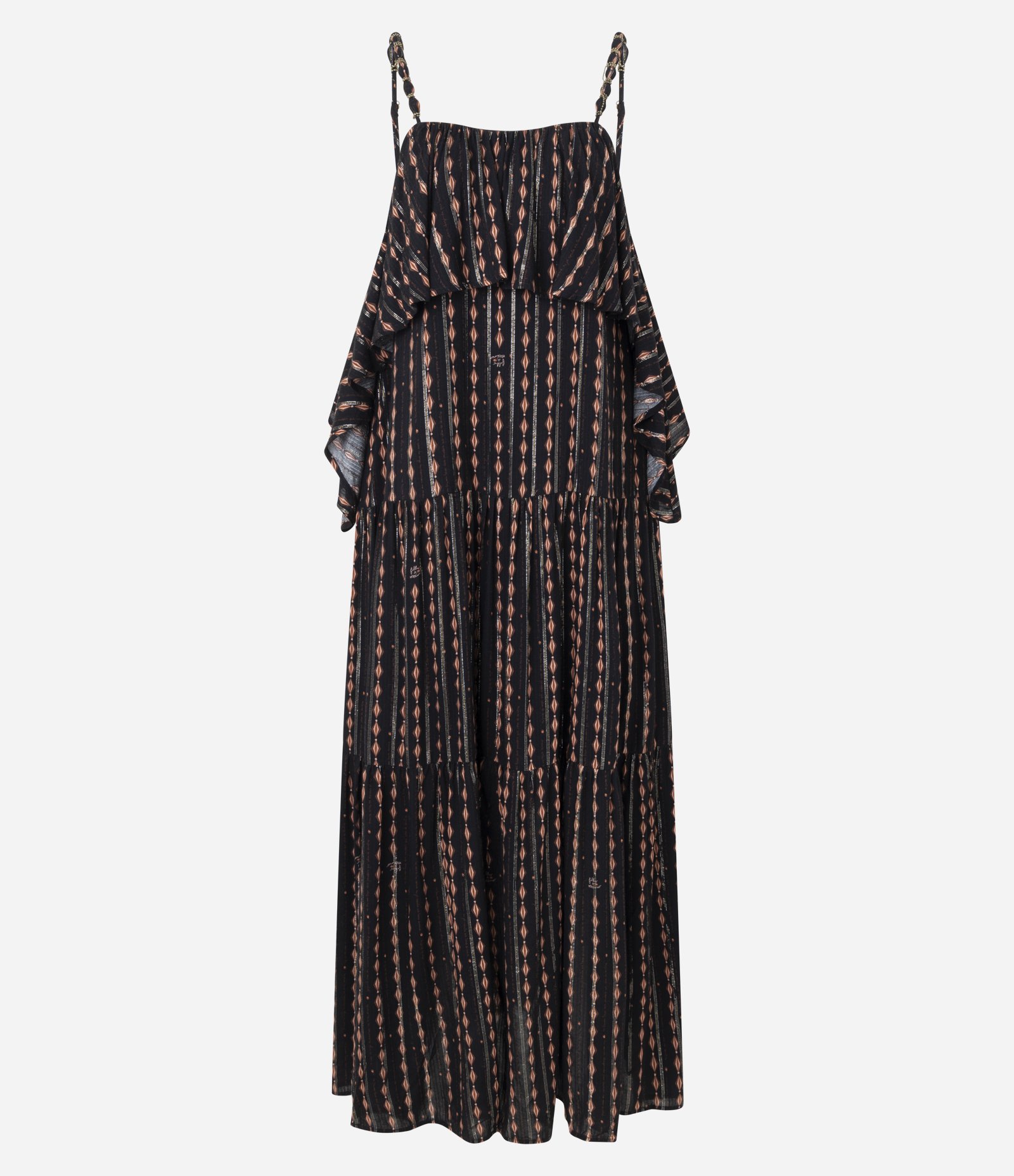 Vestido Longo Estampado com Aviamento nas Alças Preto 6