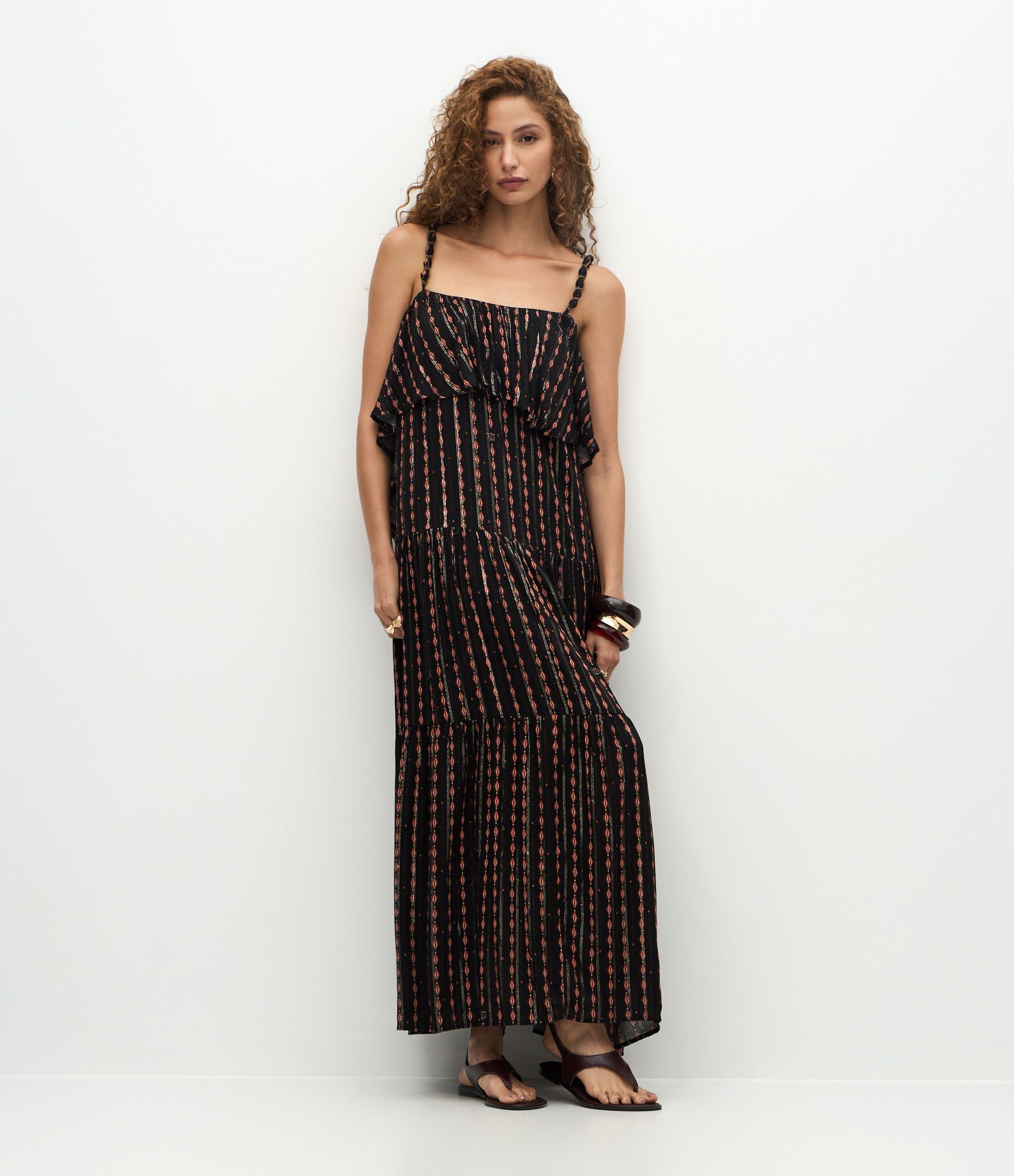 Vestido Longo Estampado com Aviamento nas Alças Preto 1