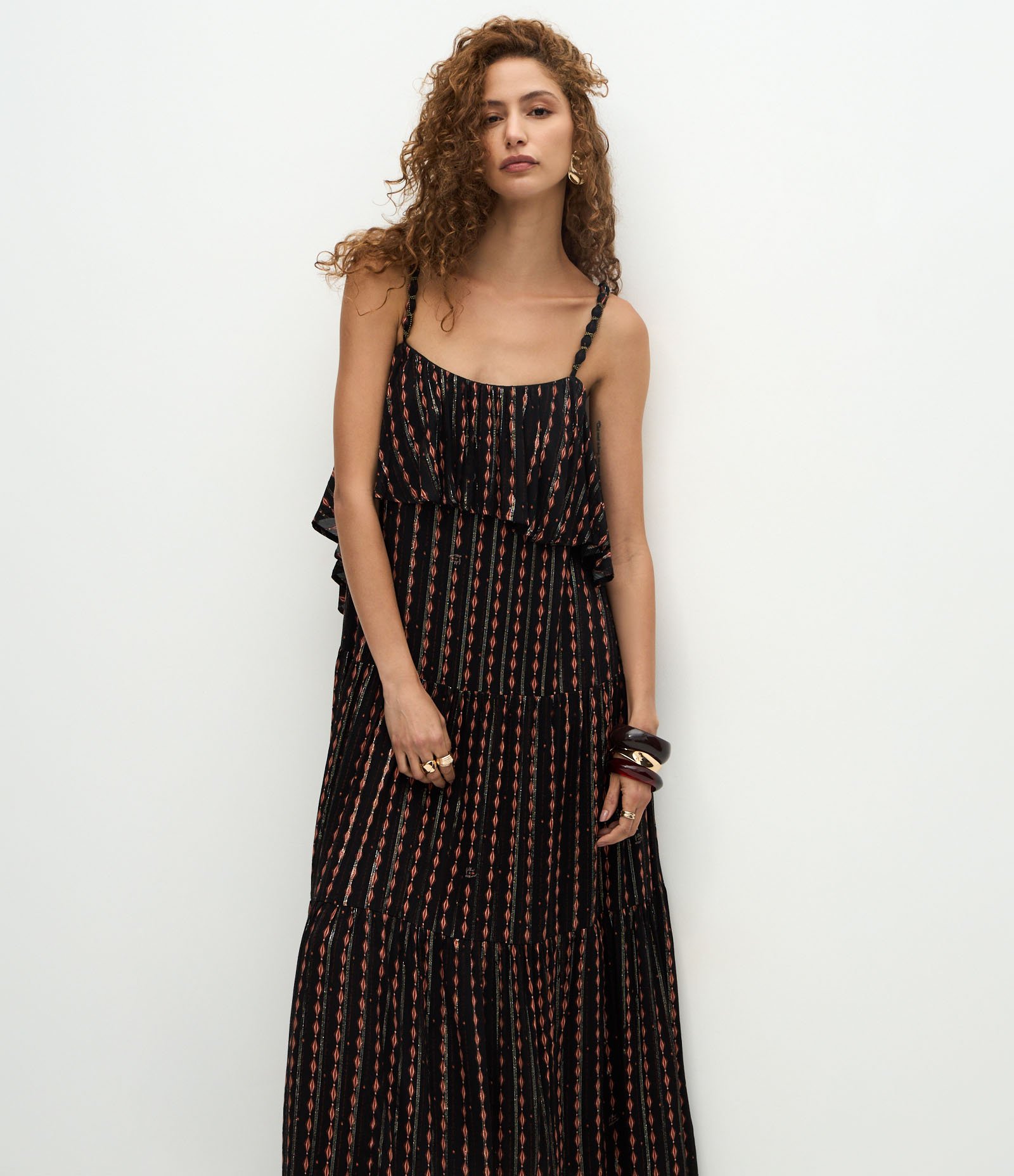 Vestido Longo Estampado com Aviamento nas Alças Preto 2
