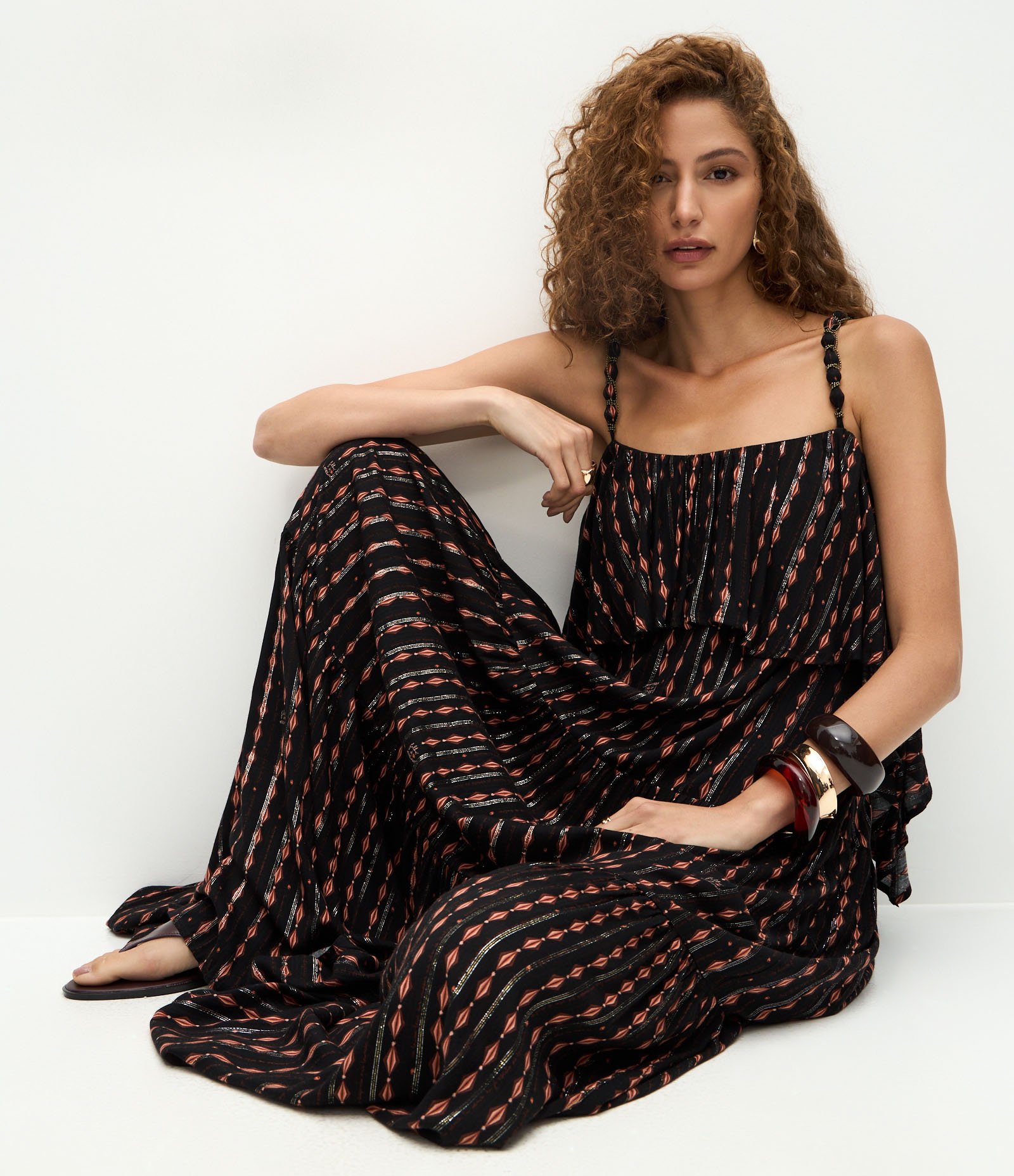 Vestido Longo Estampado com Aviamento nas Alças Preto 5