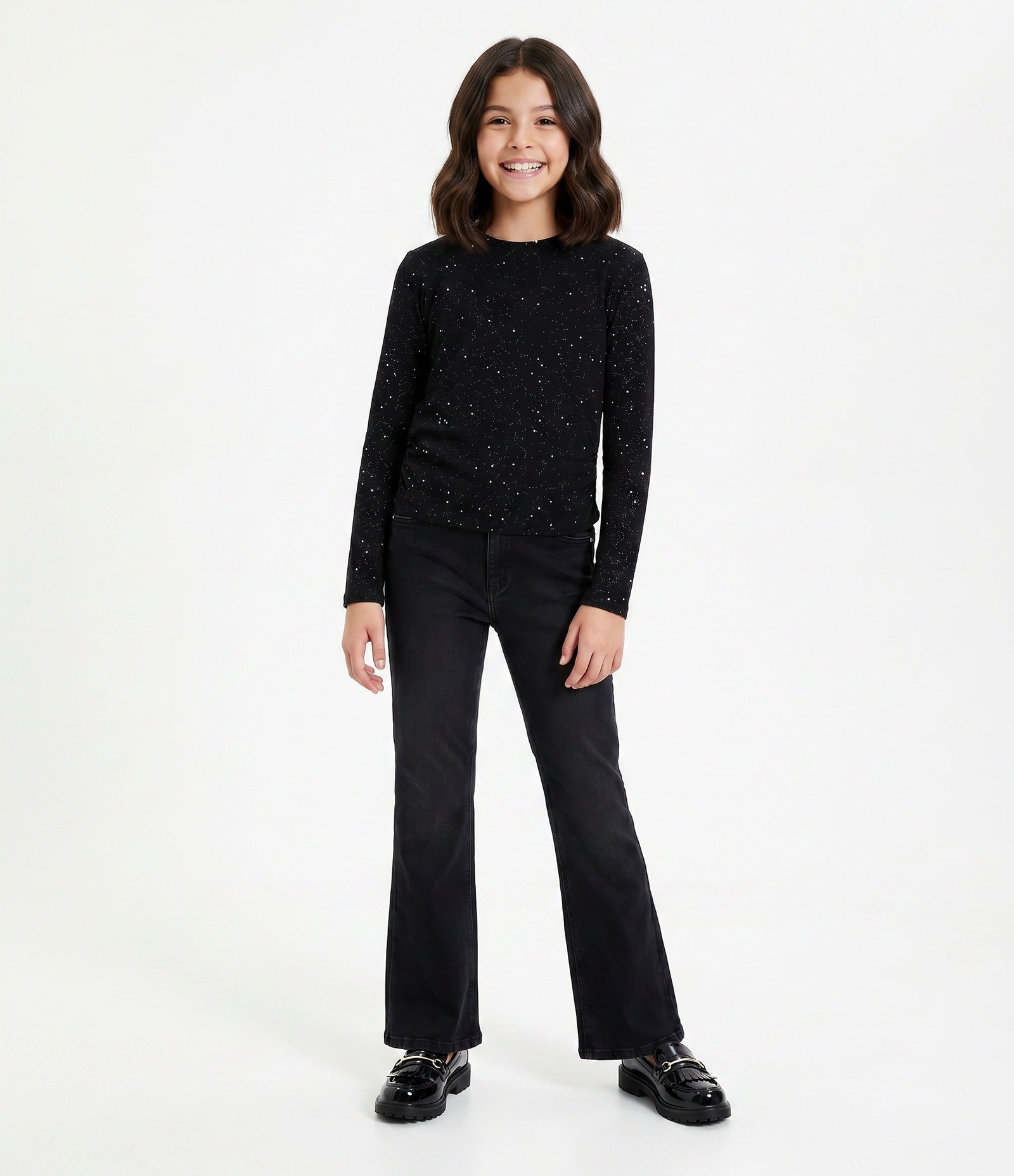 Blusa Infantil Baby Tee com Brilhos e Franzido – Tam 5 a 14 Anos Preto 1