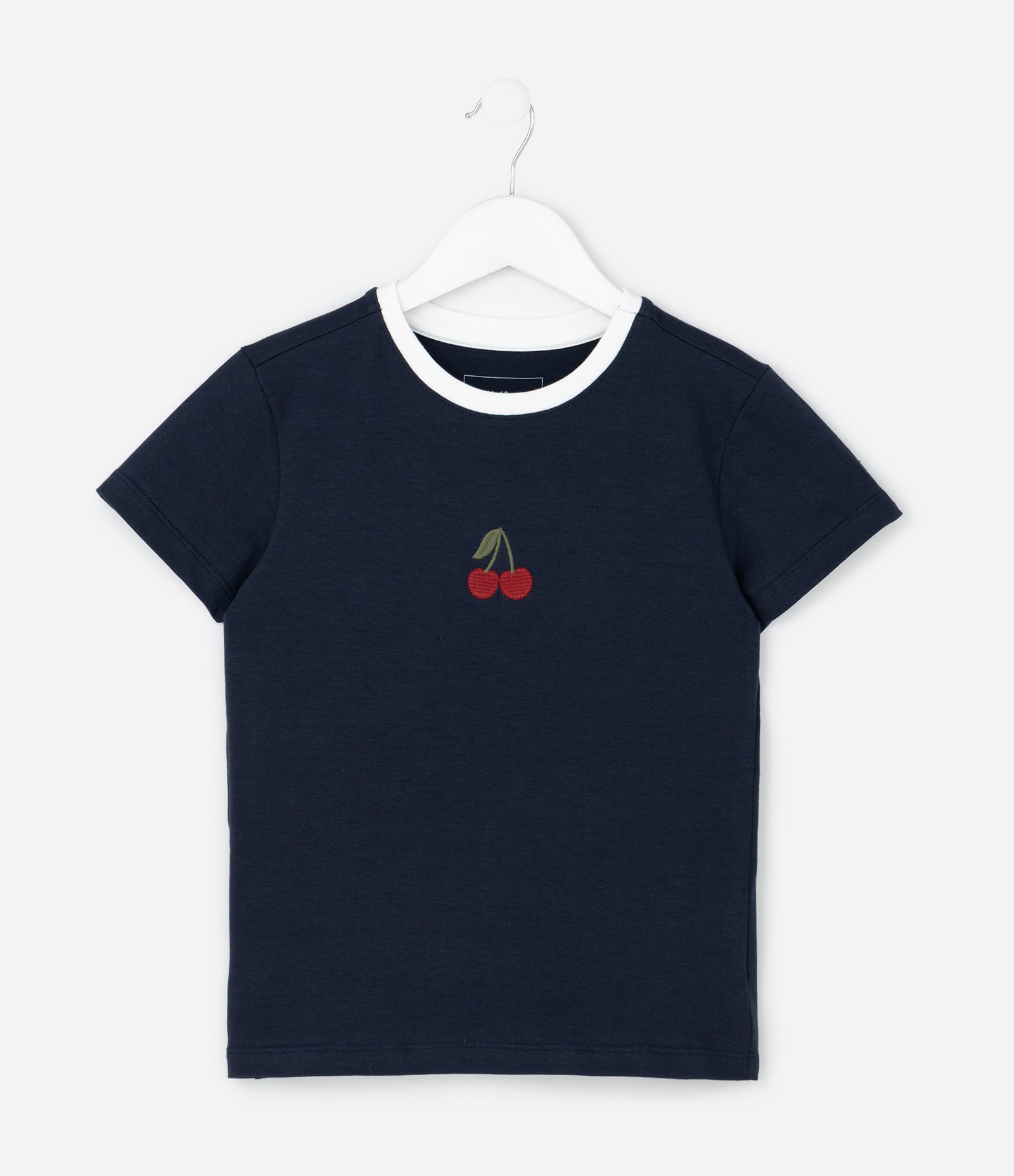 Camiseta Infantil com Bordado de Cereja – Tam 5 a 14 Anos Azul Escuro 1