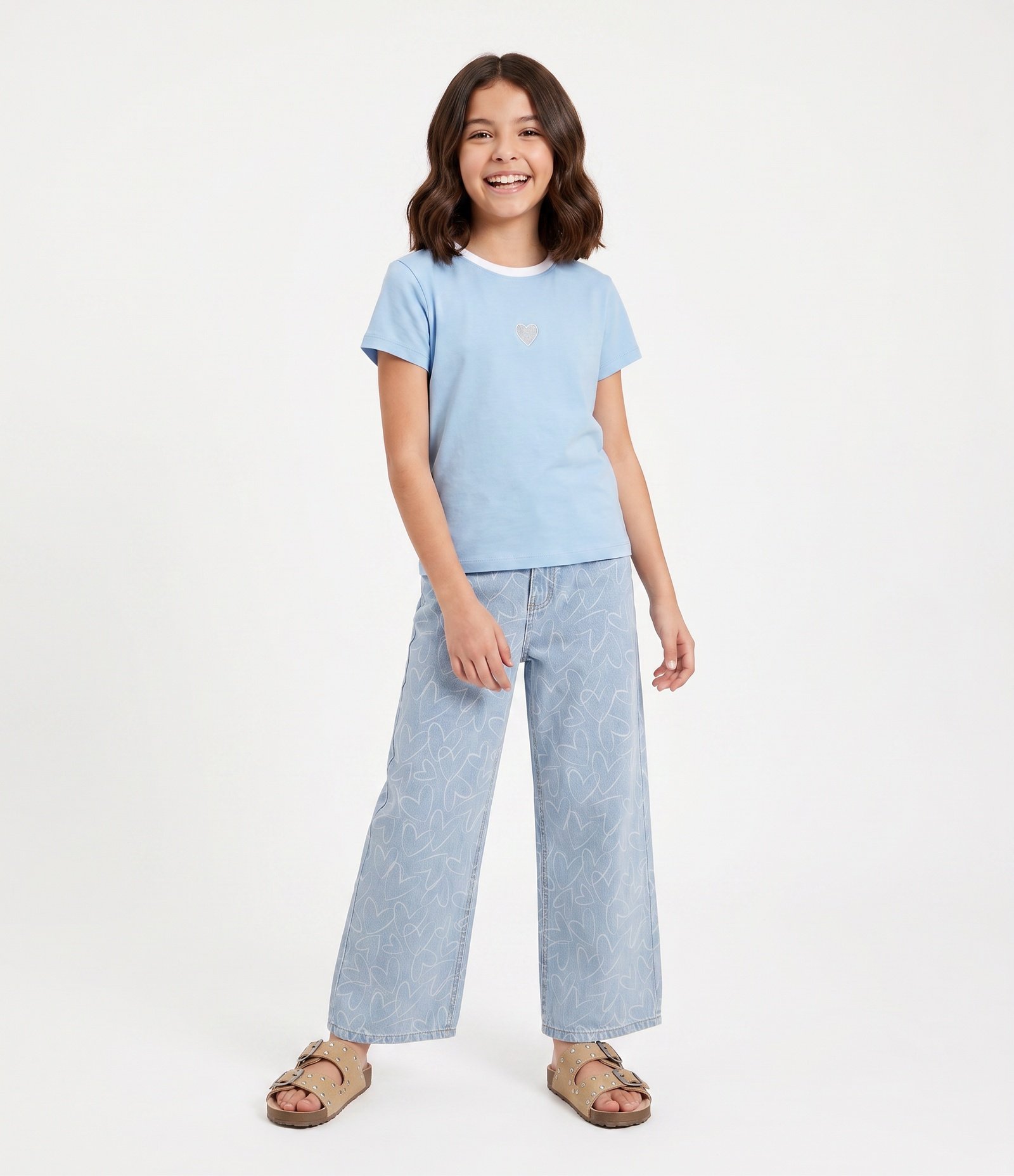 Camiseta Infantil com Bordado de Coração – Tam 5 a 14 Anos Azul Bebê 1