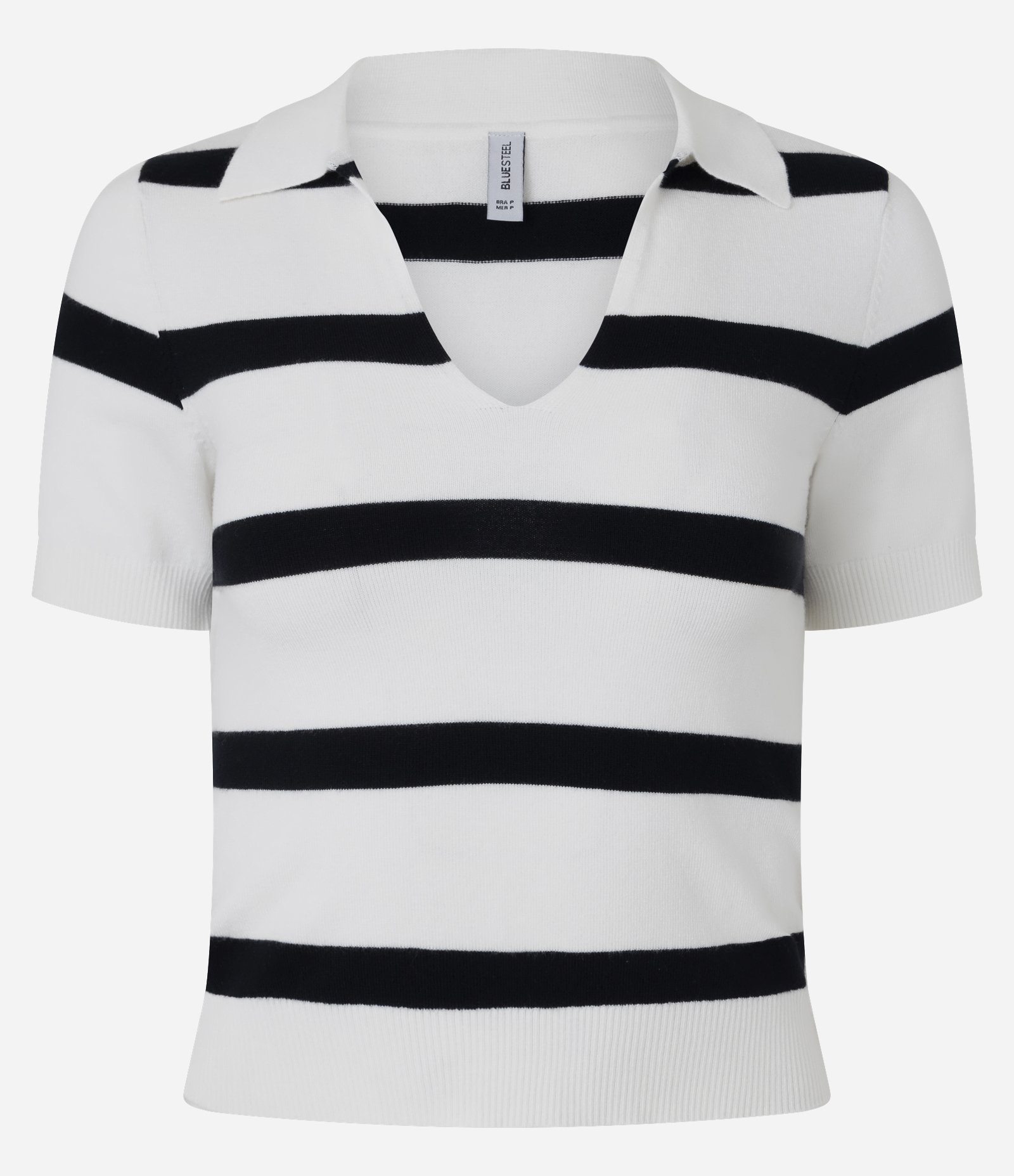 Blusa Polo em Tricô Leve com Decote V e Listras Branco/Preto 1