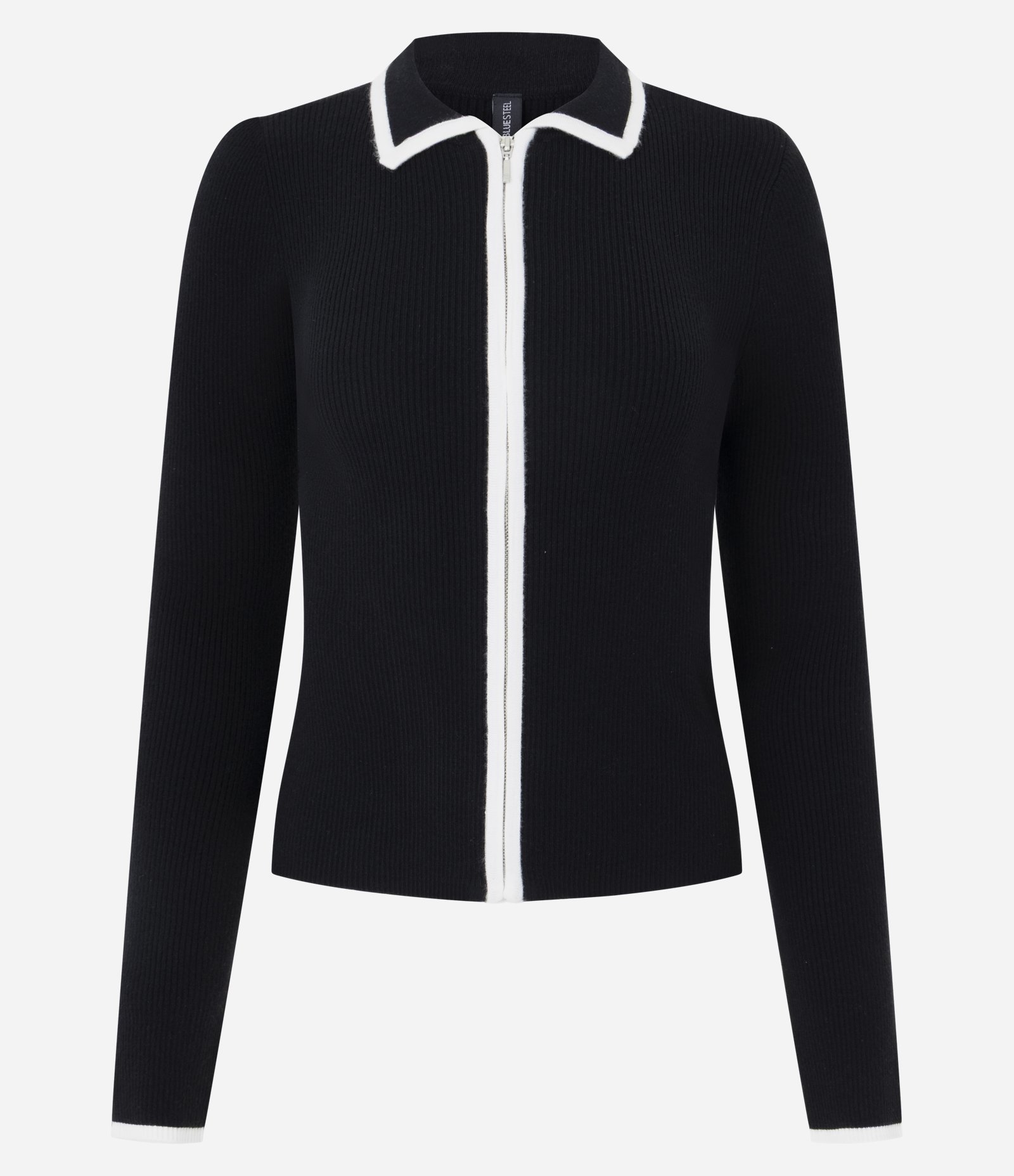 Blusa Gola Polo em Tricô Texturizado com Zíper Frontal Contrastante Preto 1
