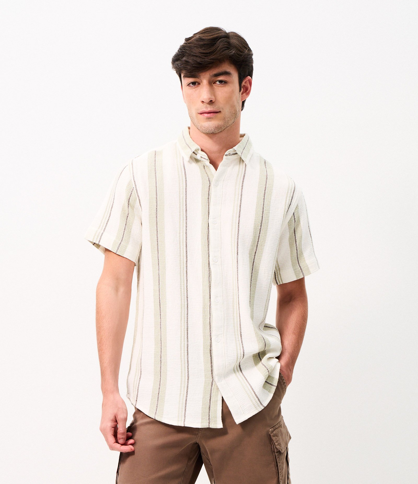 Camisa Manga Curta Listrada Texturizada Verde 1
