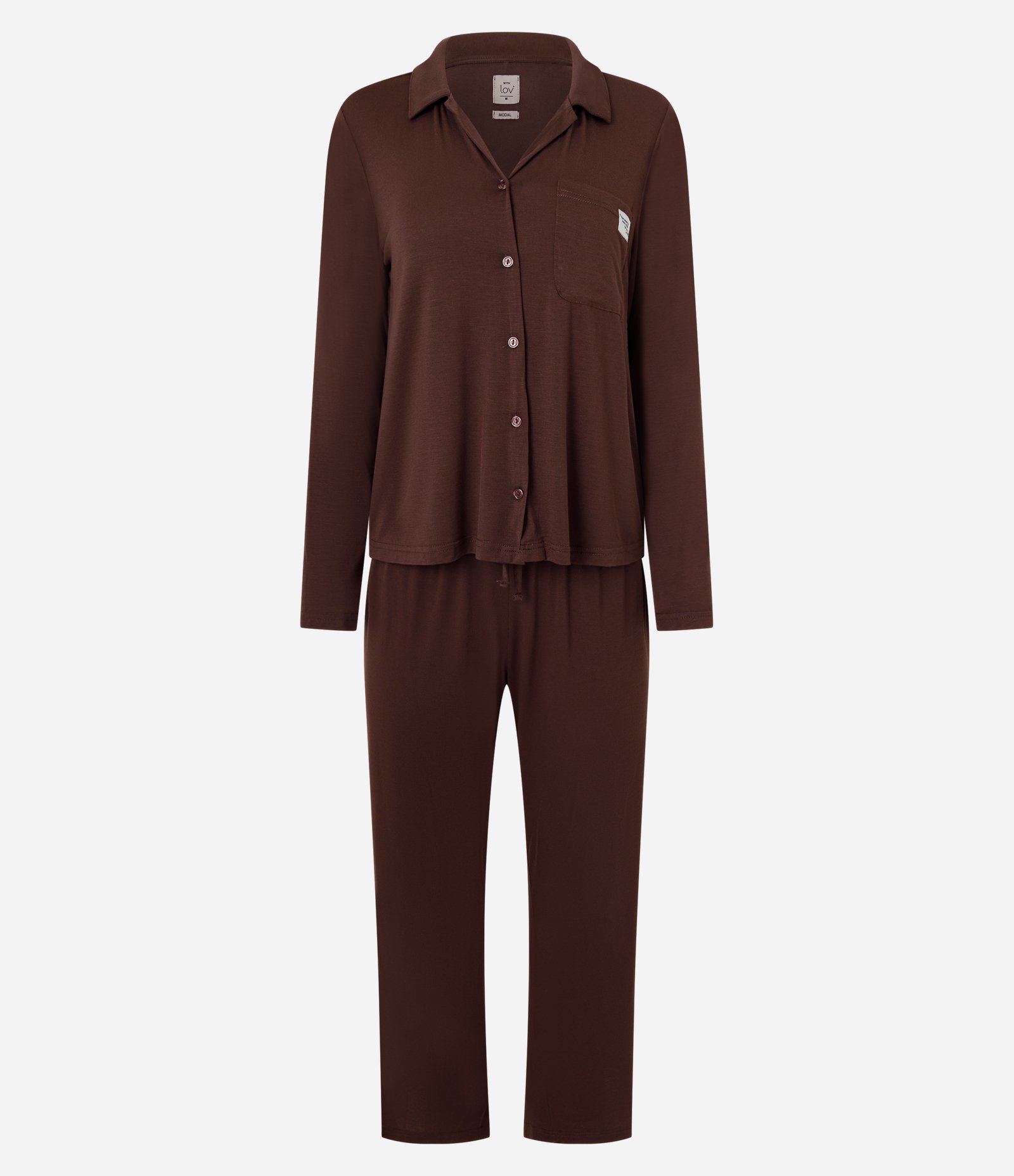 Pijama Longo Americano em Modal com Bolso Frontal e Pech Touch Marrom 1