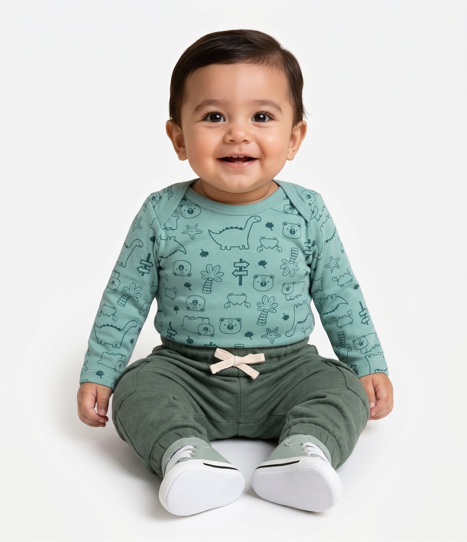 Body Bebê Manga Longa Urso e Dinos - Tam 0 a 18 meses Verde 1