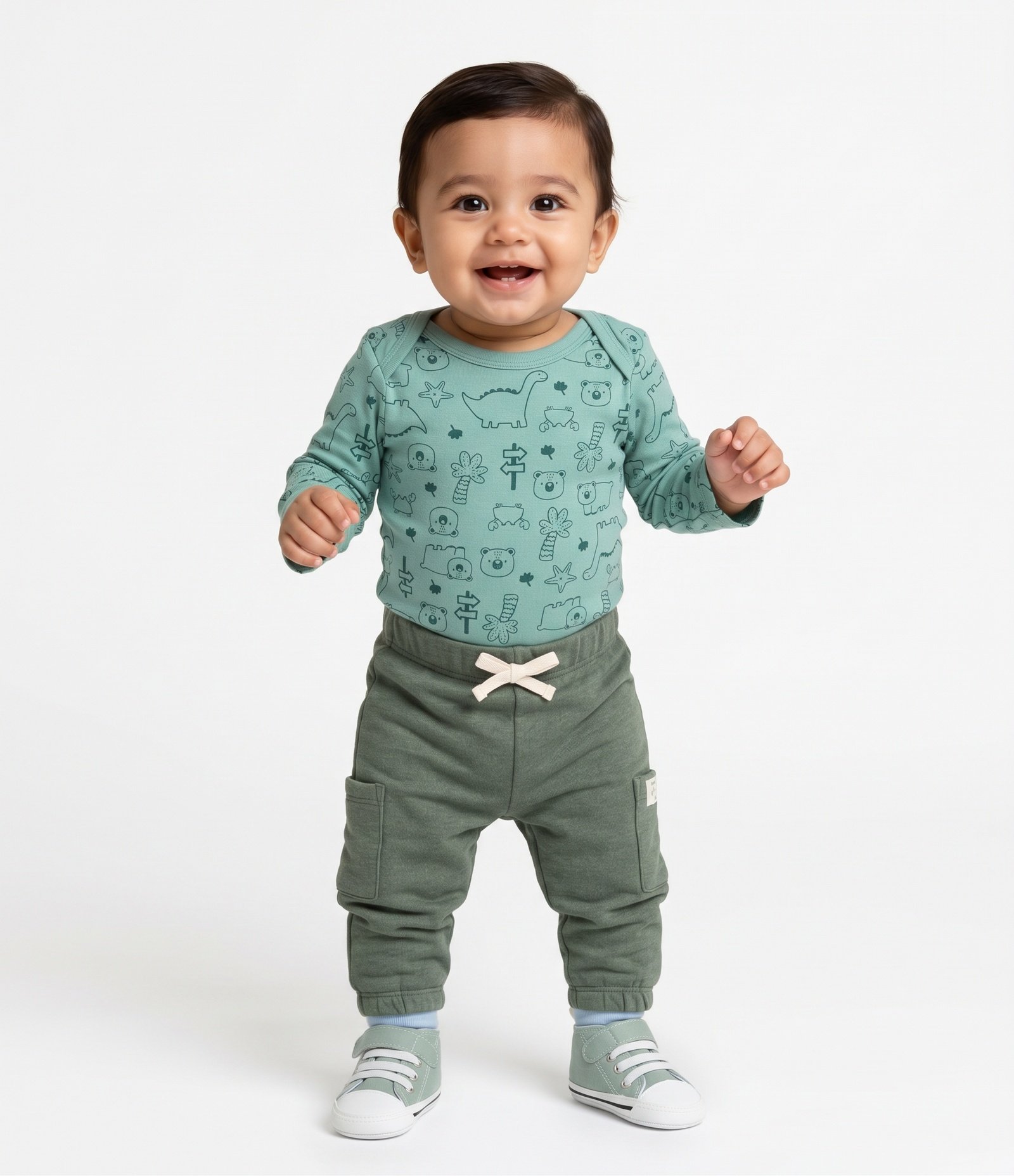 Body Bebê Manga Longa Urso e Dinos - Tam 0 a 18 meses Verde 2