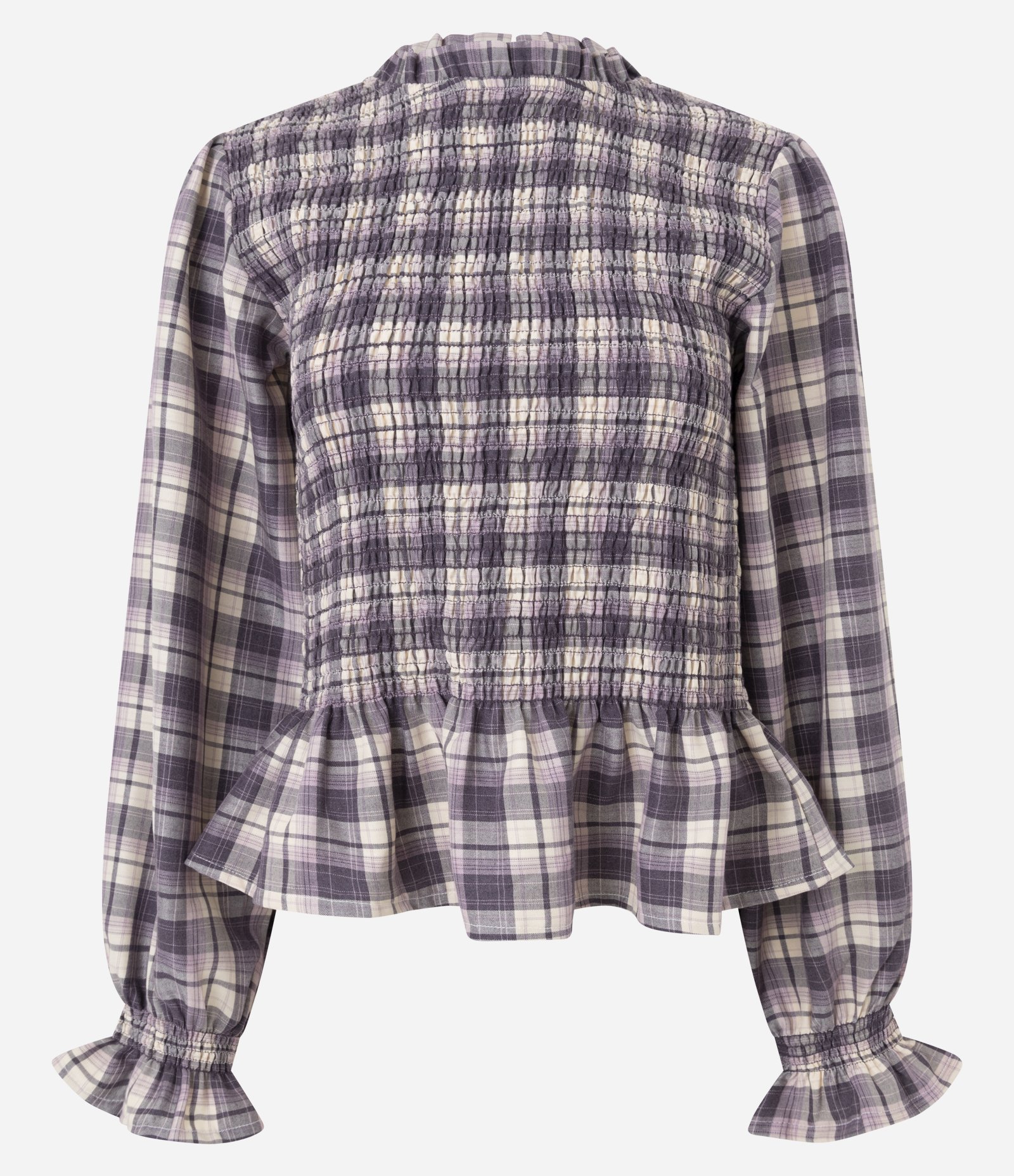 Blusa Bata em Lastex com Estampa Xadrez e Babados Roxo/Bege 6