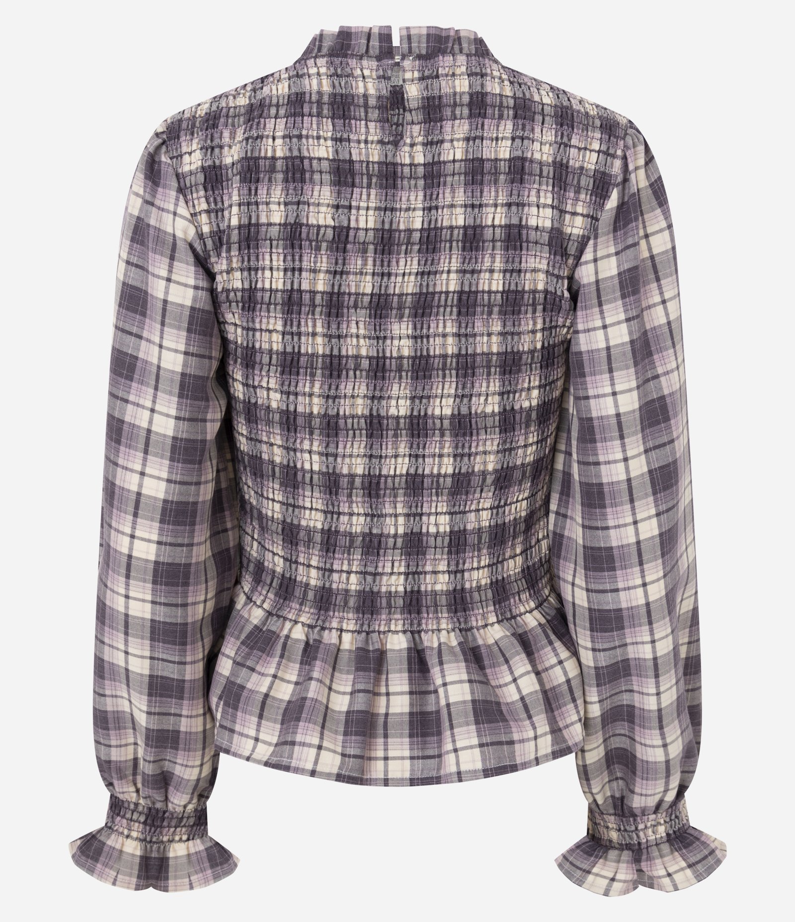 Blusa Bata em Lastex com Estampa Xadrez e Babados Roxo/Bege 7
