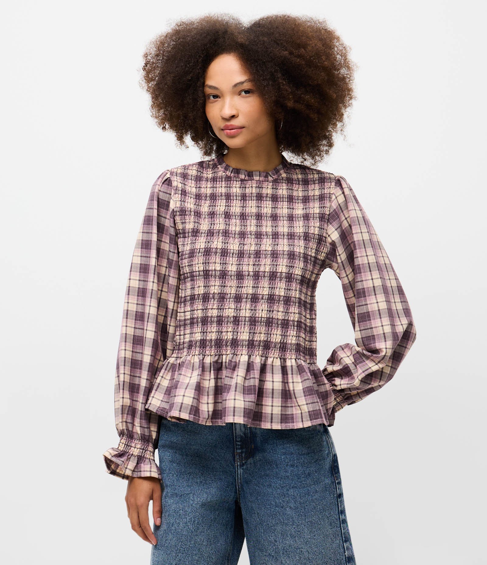 Blusa Bata em Lastex com Estampa Xadrez e Babados Roxo/Bege 3