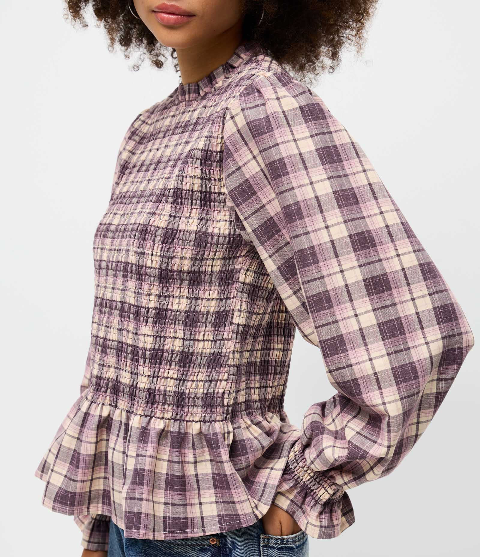 Blusa Bata em Lastex com Estampa Xadrez e Babados Roxo/Bege 4