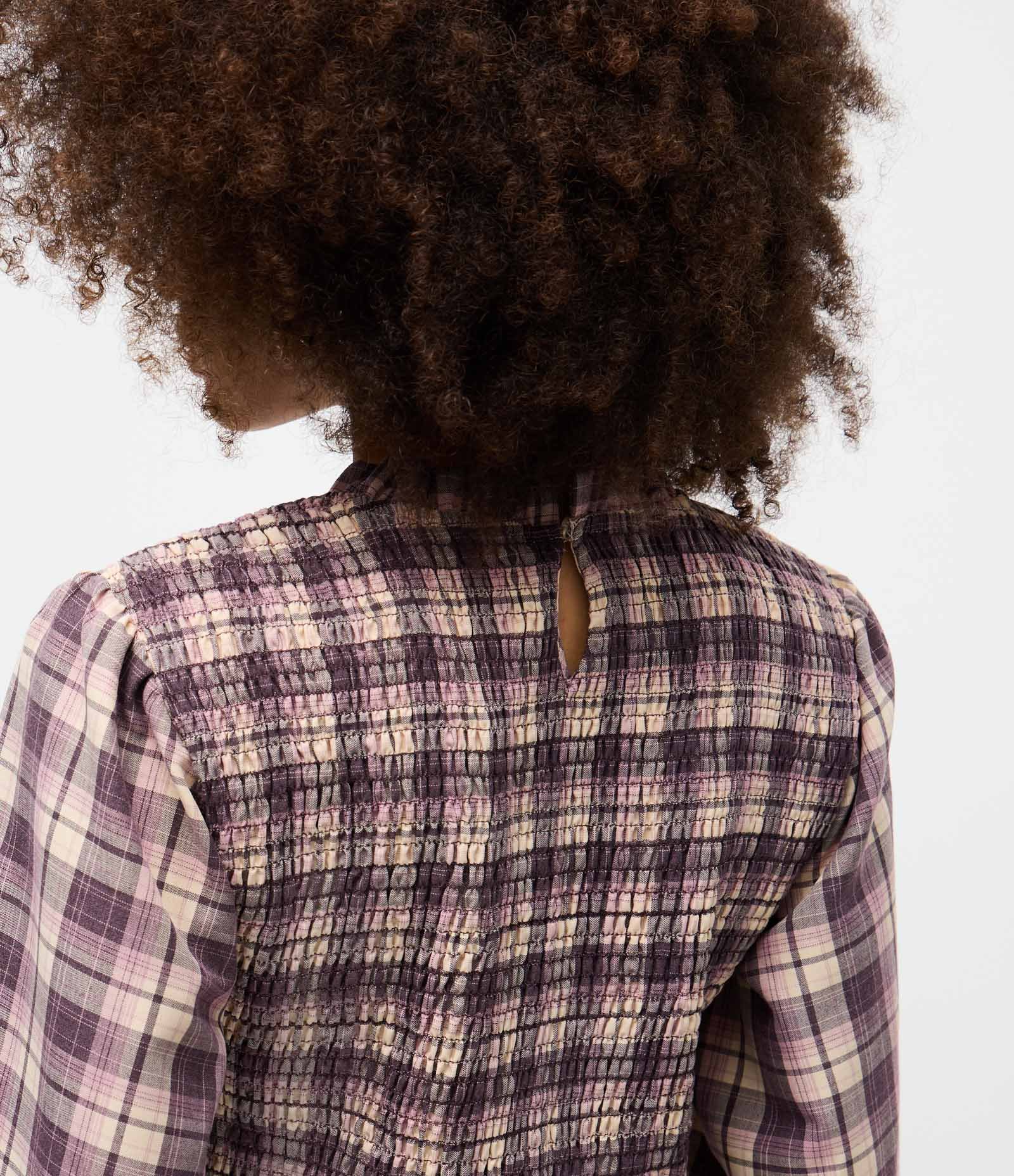 Blusa Bata em Lastex com Estampa Xadrez e Babados Roxo/Bege 5