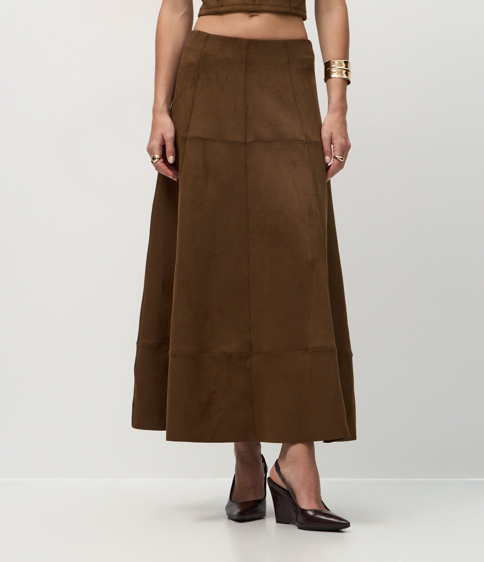 Saia Midi Evasê em Suede com Recortes Estruturados Marrom 3