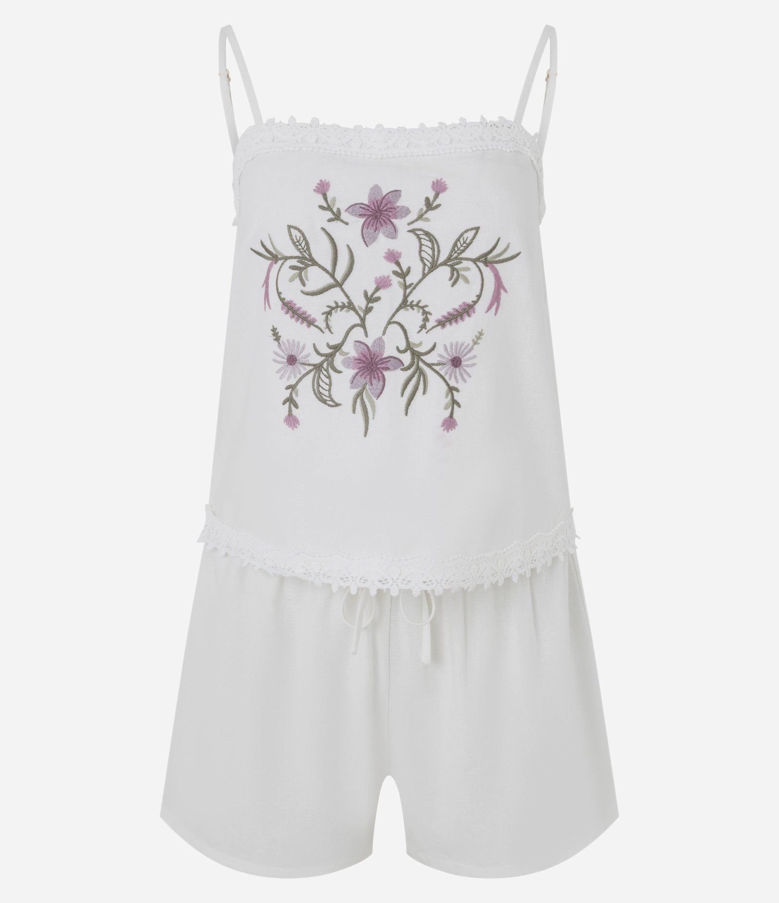 Pijama Regata e Short Doll Em Viscolinho Floral Branco 6