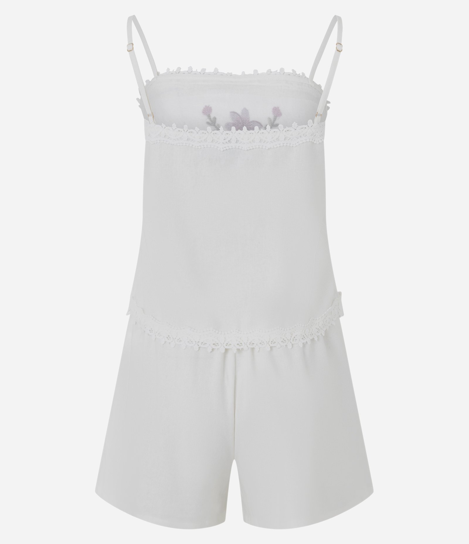 Pijama Regata e Short Doll Em Viscolinho Floral Branco 7