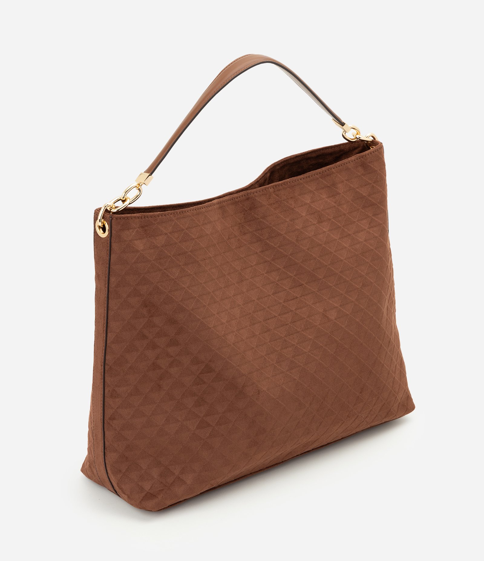 Bolsa Hobo Grande em Suede com Textura Geométrica Marrom 1