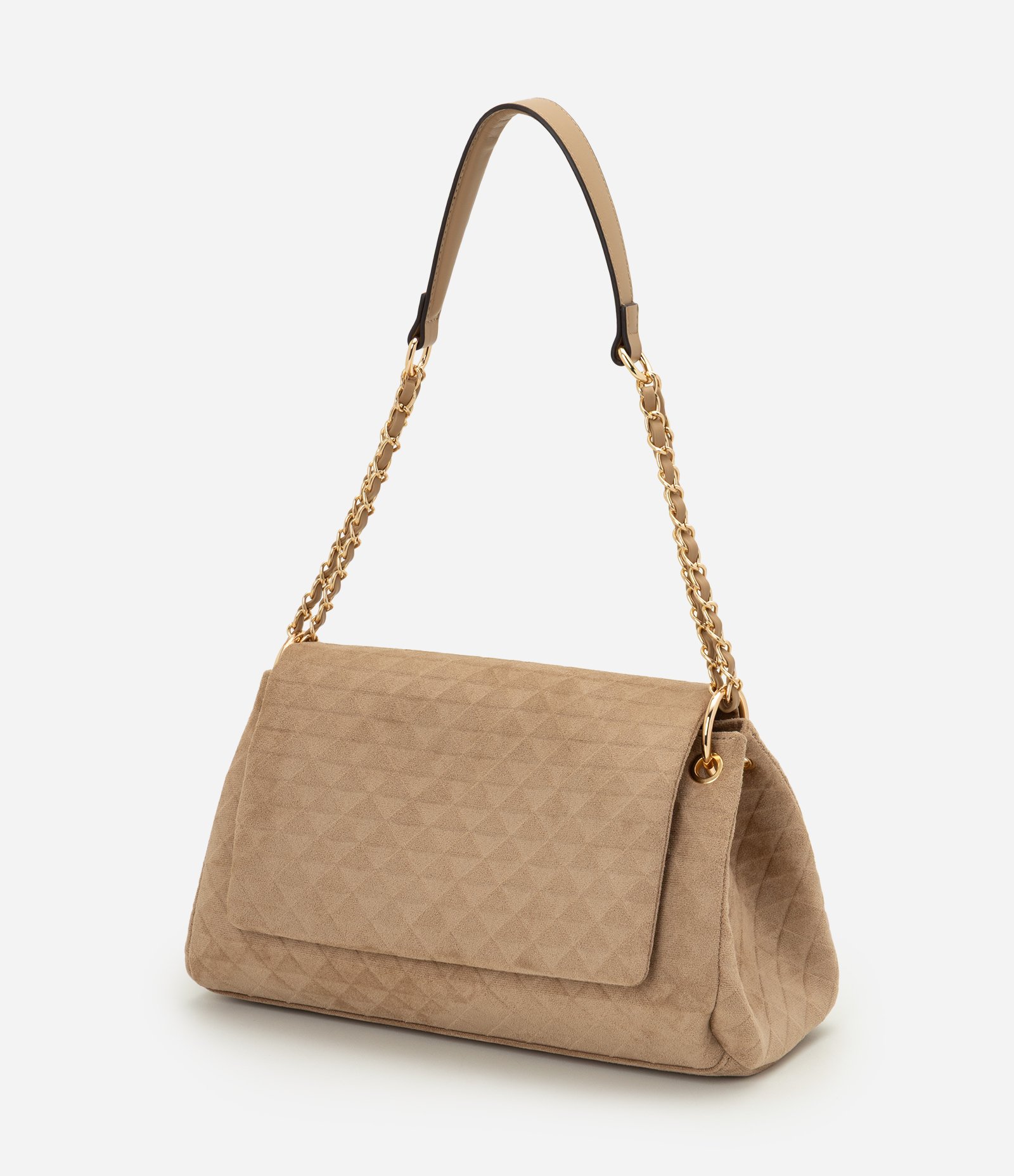 Bolsa Shoulder Média em Suede com Textura Triângulos Bege 4