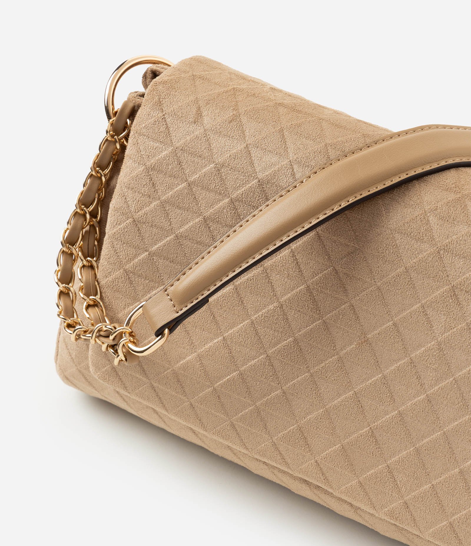 Bolsa Shoulder Média em Suede com Textura Triângulos Bege 5