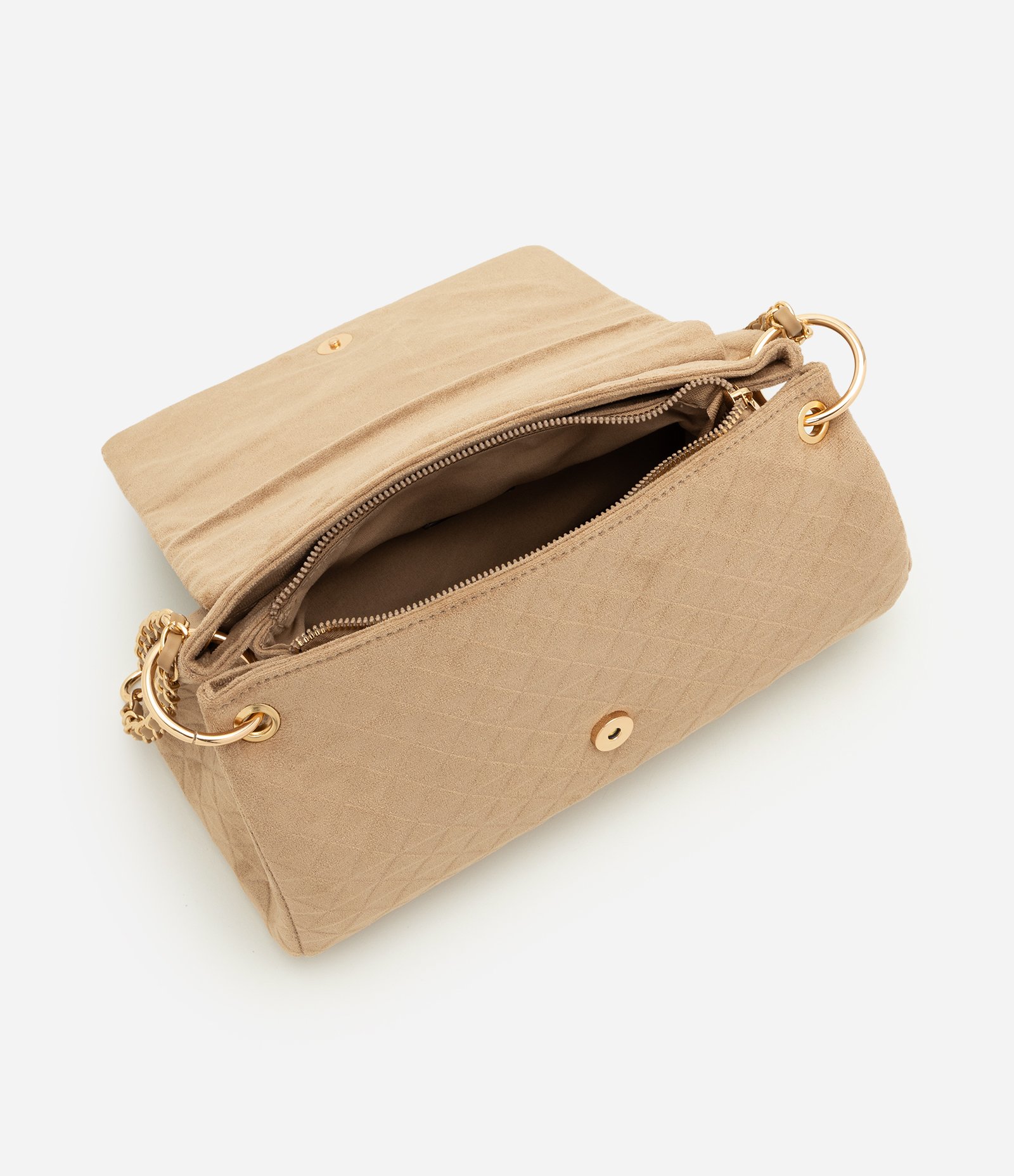 Bolsa Shoulder Média em Suede com Textura Triângulos Bege 6