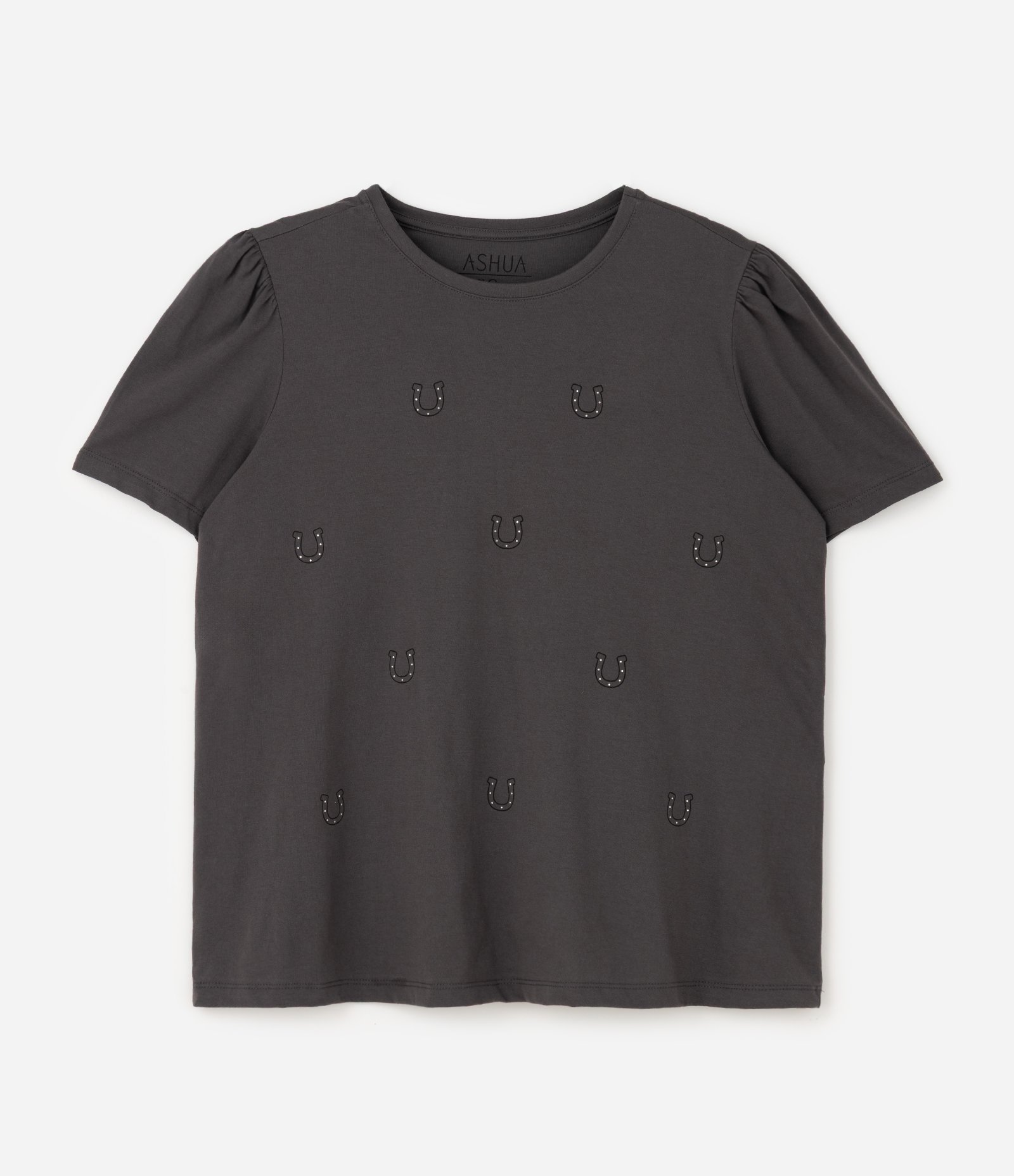 Blusa com Ferraduras de Brilhos Aplicados e Manga Bufante Curve e Plus Size Cinza 4
