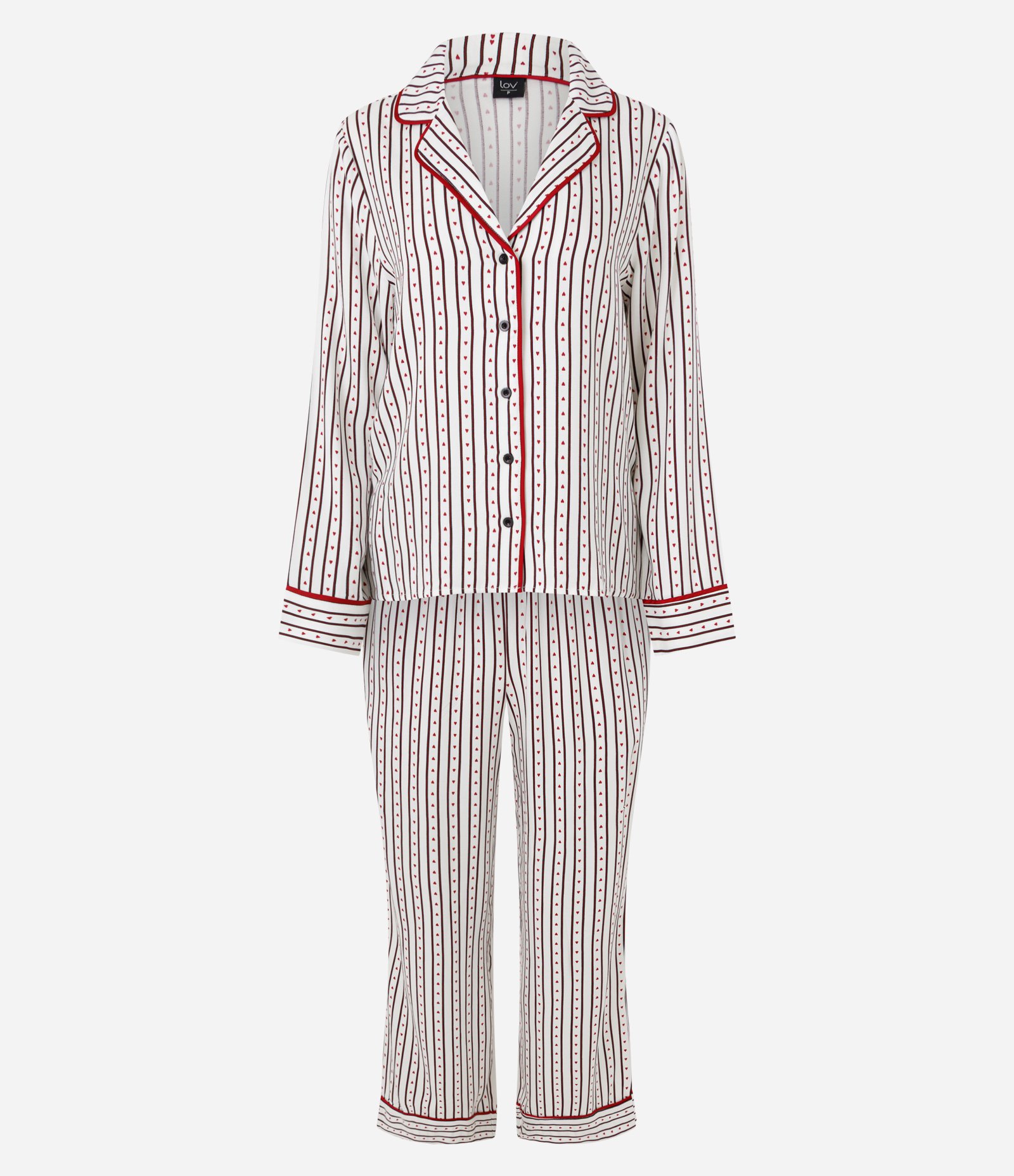 Pijama Longo Americano com Estampa de Listras e Corações Branco 5