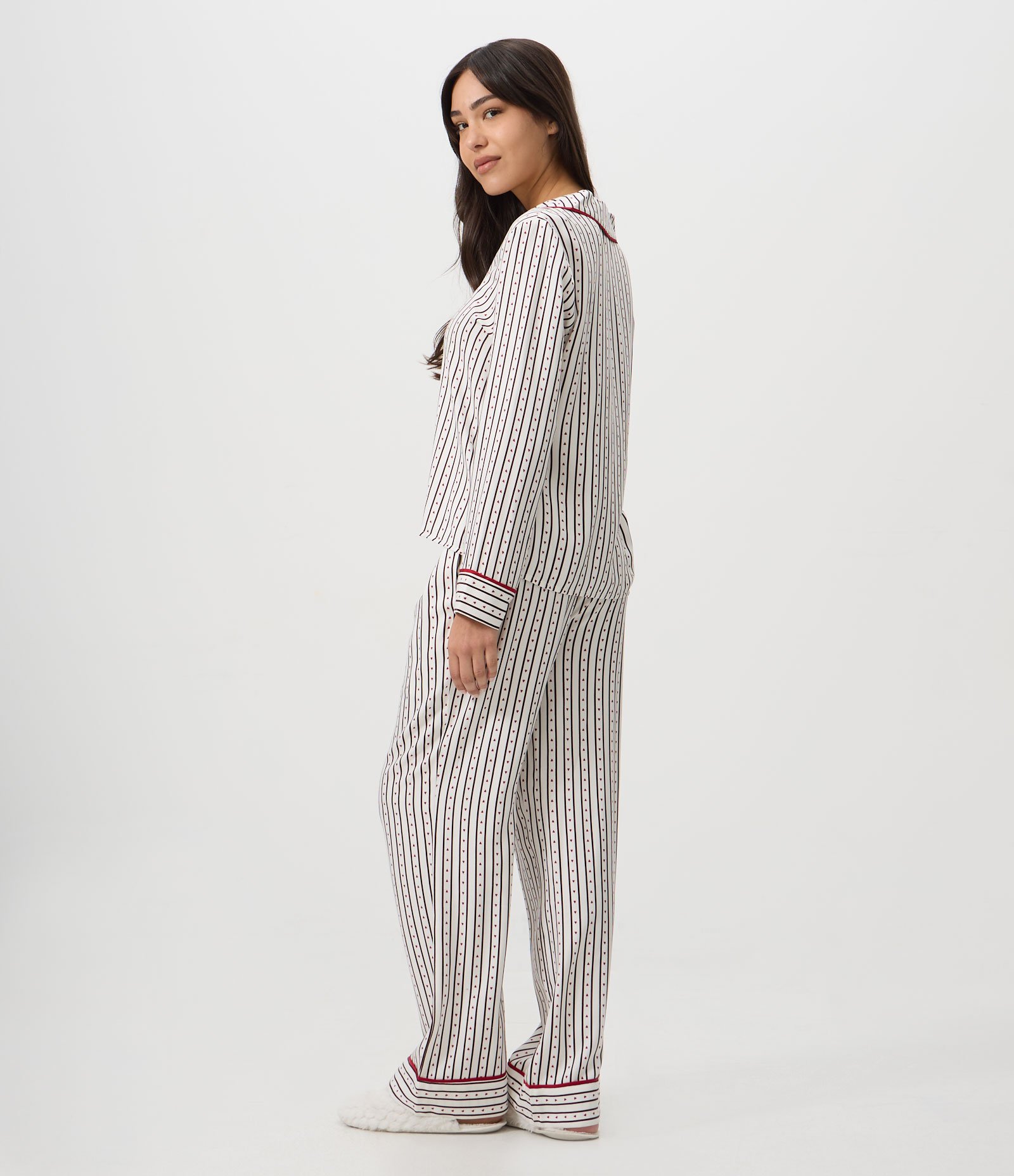 Pijama Longo Americano com Estampa de Listras e Corações Branco 4