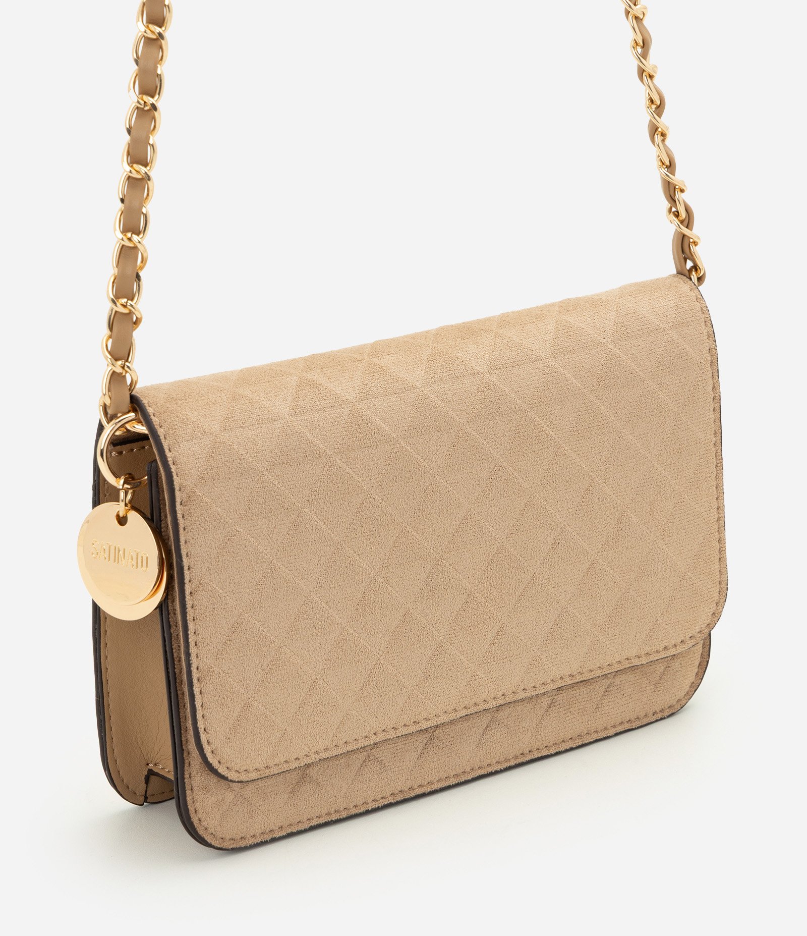 Bolsa Pequena Estruturada em Suede com Alça Corrente Bege 1