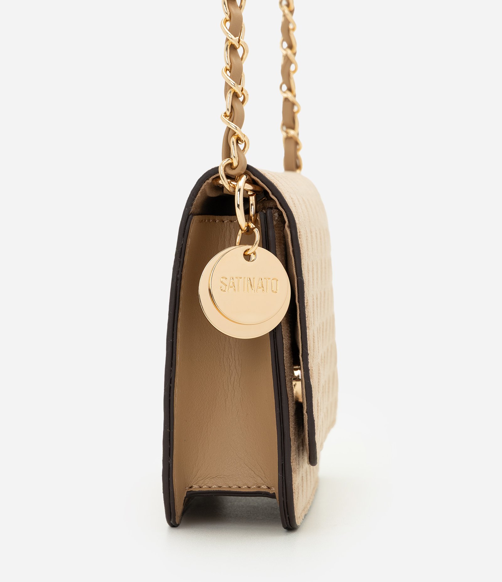 Bolsa Pequena Estruturada em Suede com Alça Corrente Bege 2