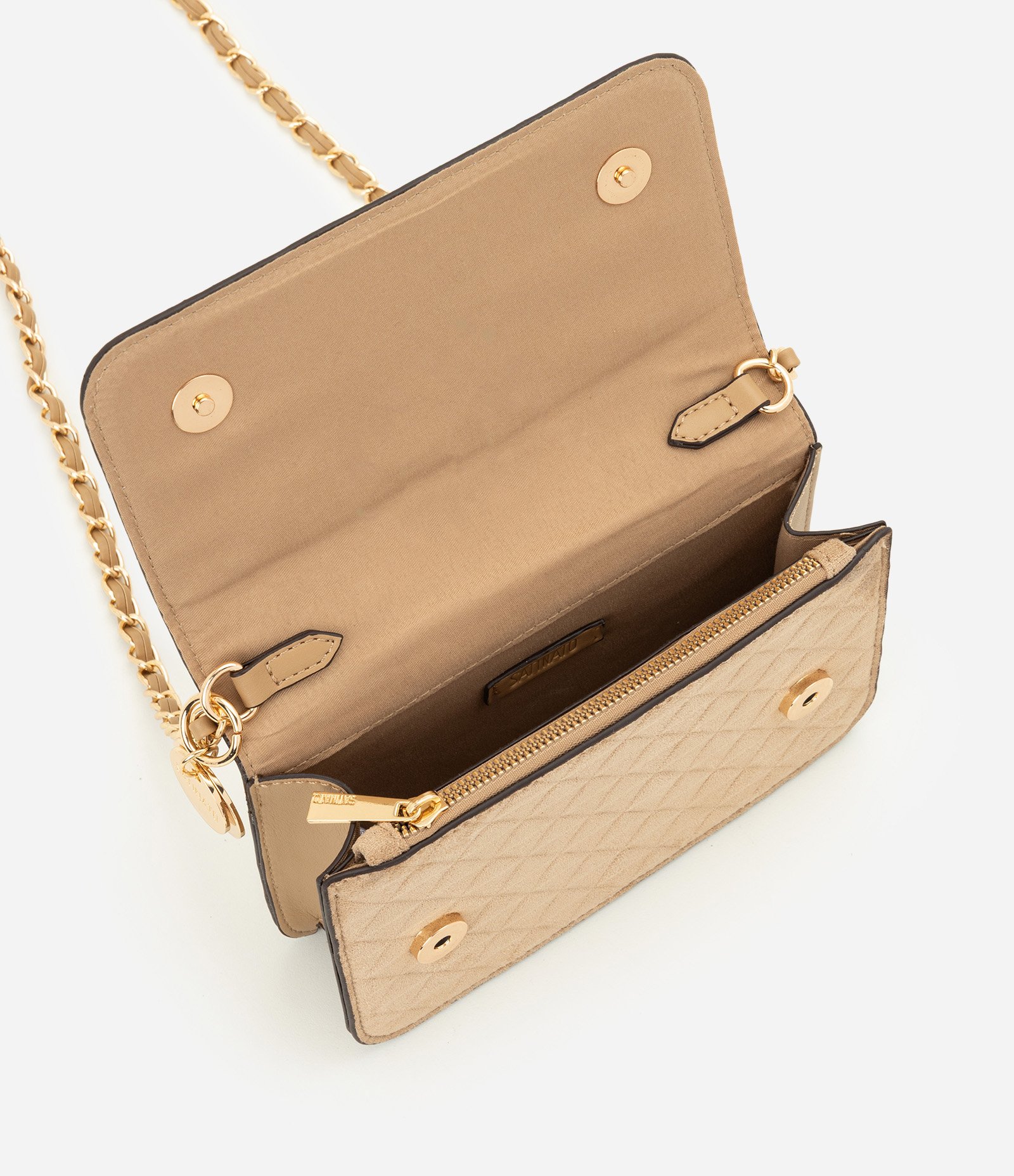 Bolsa Pequena Estruturada em Suede com Alça Corrente Bege 5