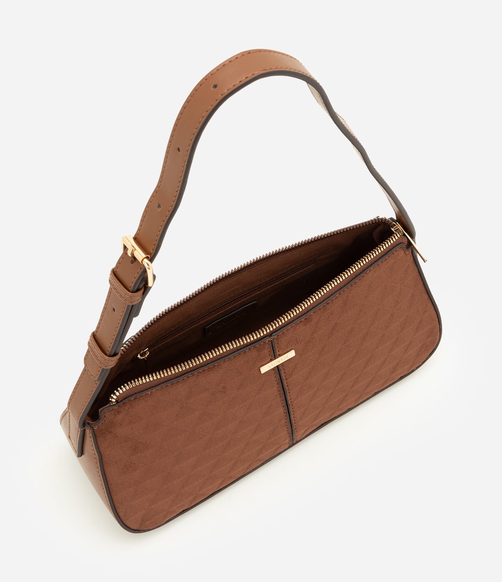 Bolsa Baguete Pequena com Mix de Texturas Marrom 6
