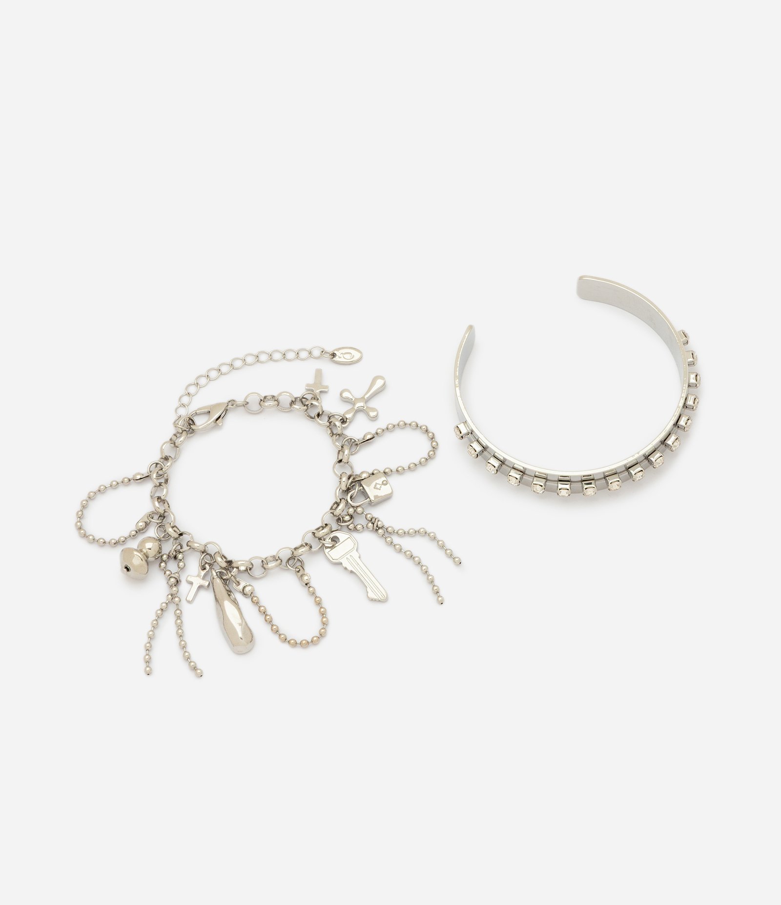 Kit 02 Braceletes Rígidos com Strass e Corrente Prata 3