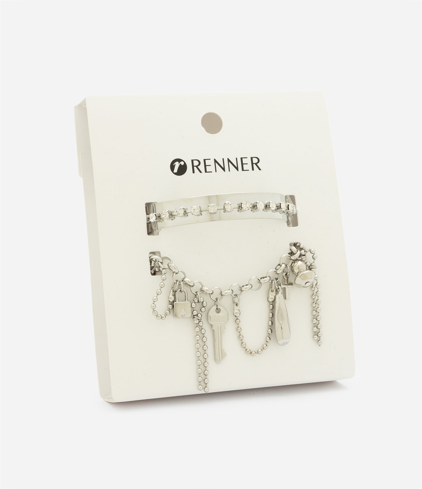 Kit 02 Braceletes Rígidos com Strass e Corrente Prata 4