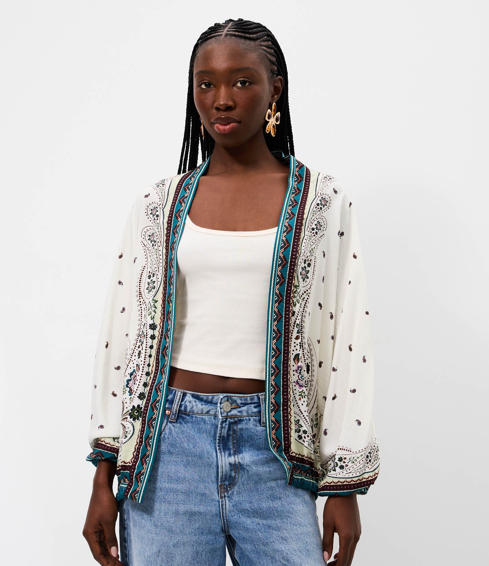Kimono em Viscose com Estampa Étnica e Manga Bufante Off White 1