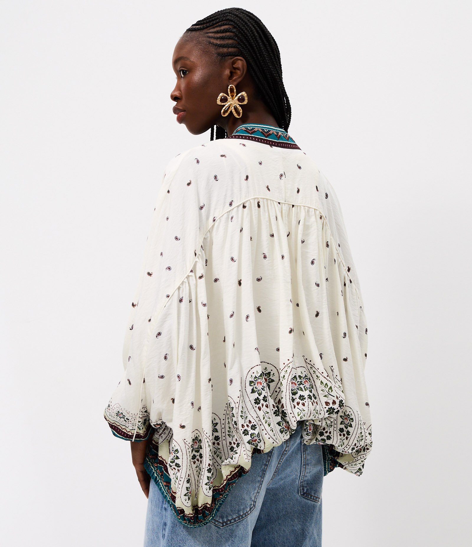 Kimono em Viscose com Estampa Étnica e Manga Bufante Off White 4
