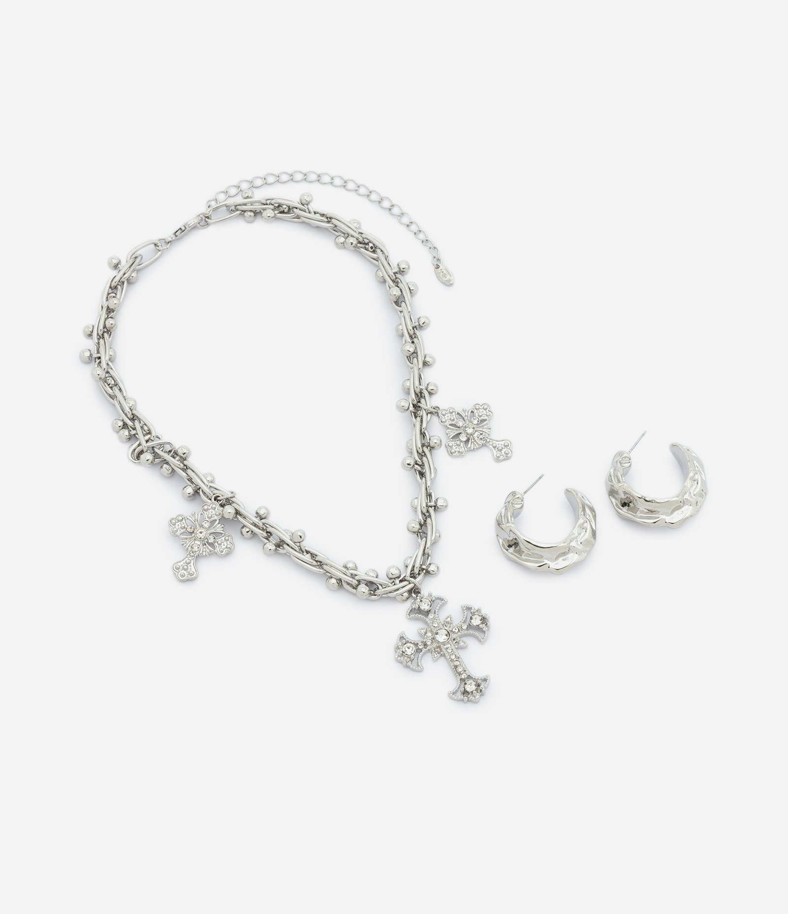 Conjunto de Colar Curto com Pingentes de Cruz e Brincos Argola Prata 3