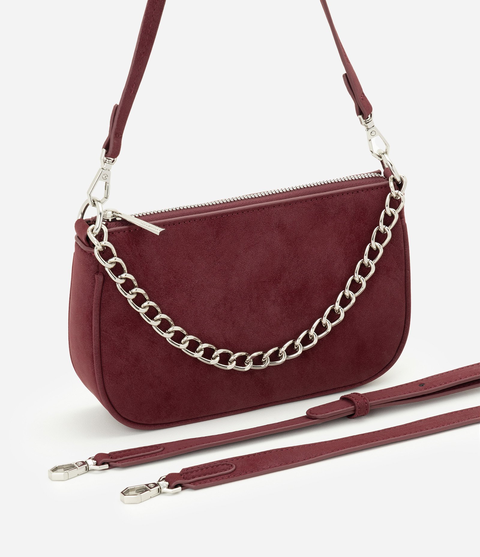 Bolsa Baguete Pequena em Suede com Alça Removível Vinho 6