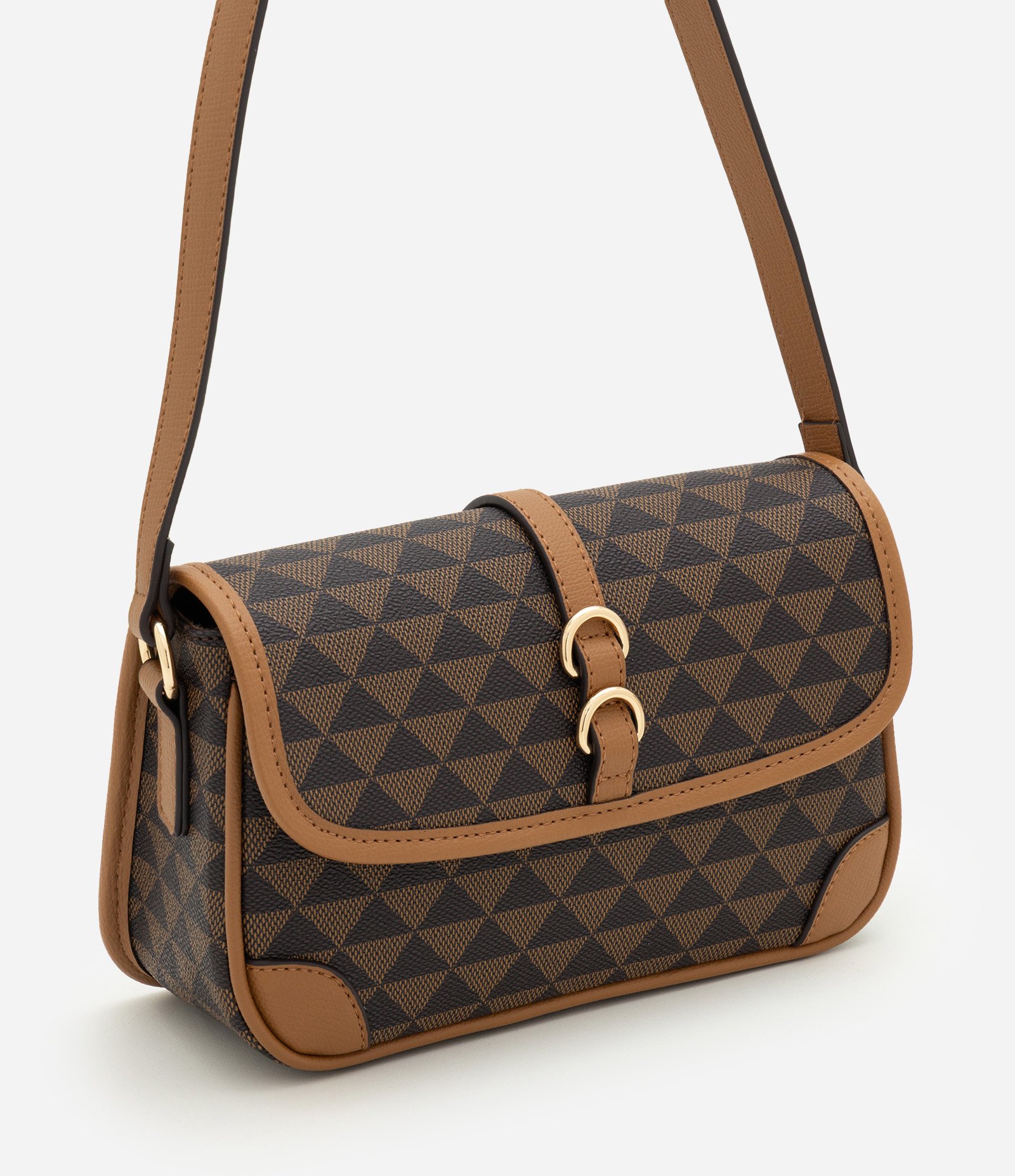 Bolsa Shoulder Média em PU com Estampa Triângulos Marrom 2